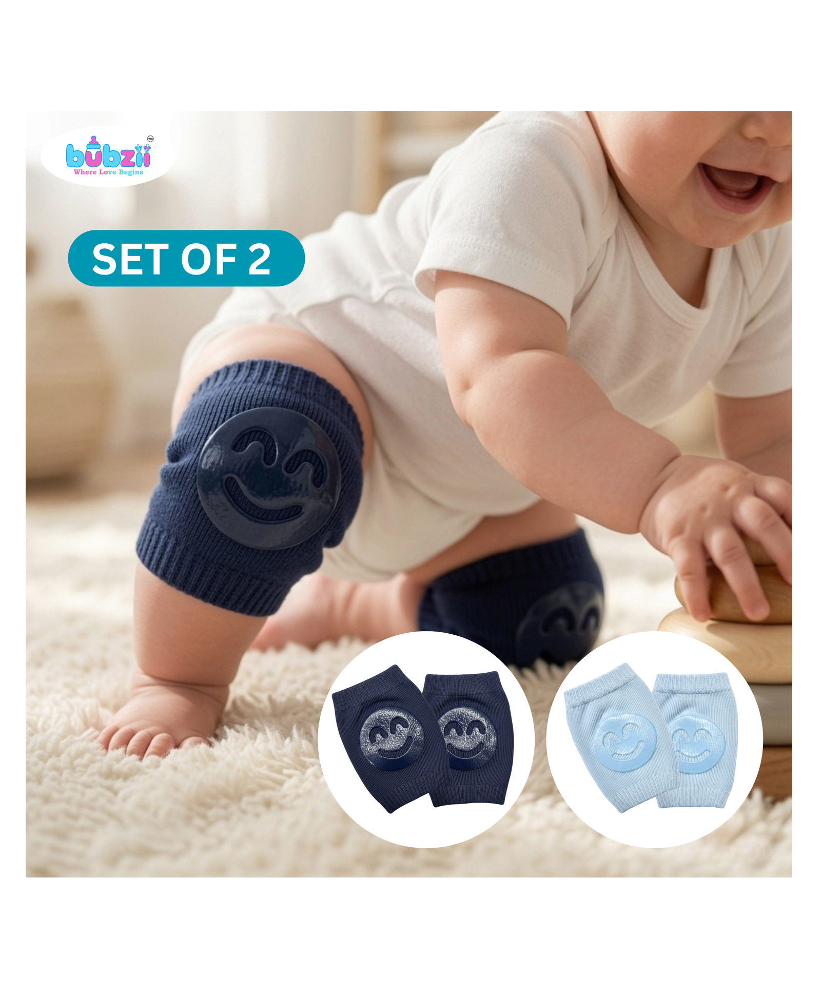 Bubzii Baby Knee Pads Soft Safe Snug Protection for Little Crawlers 0 to 12M Non Slip Grip Navy Blue and Baby Blue-image-22