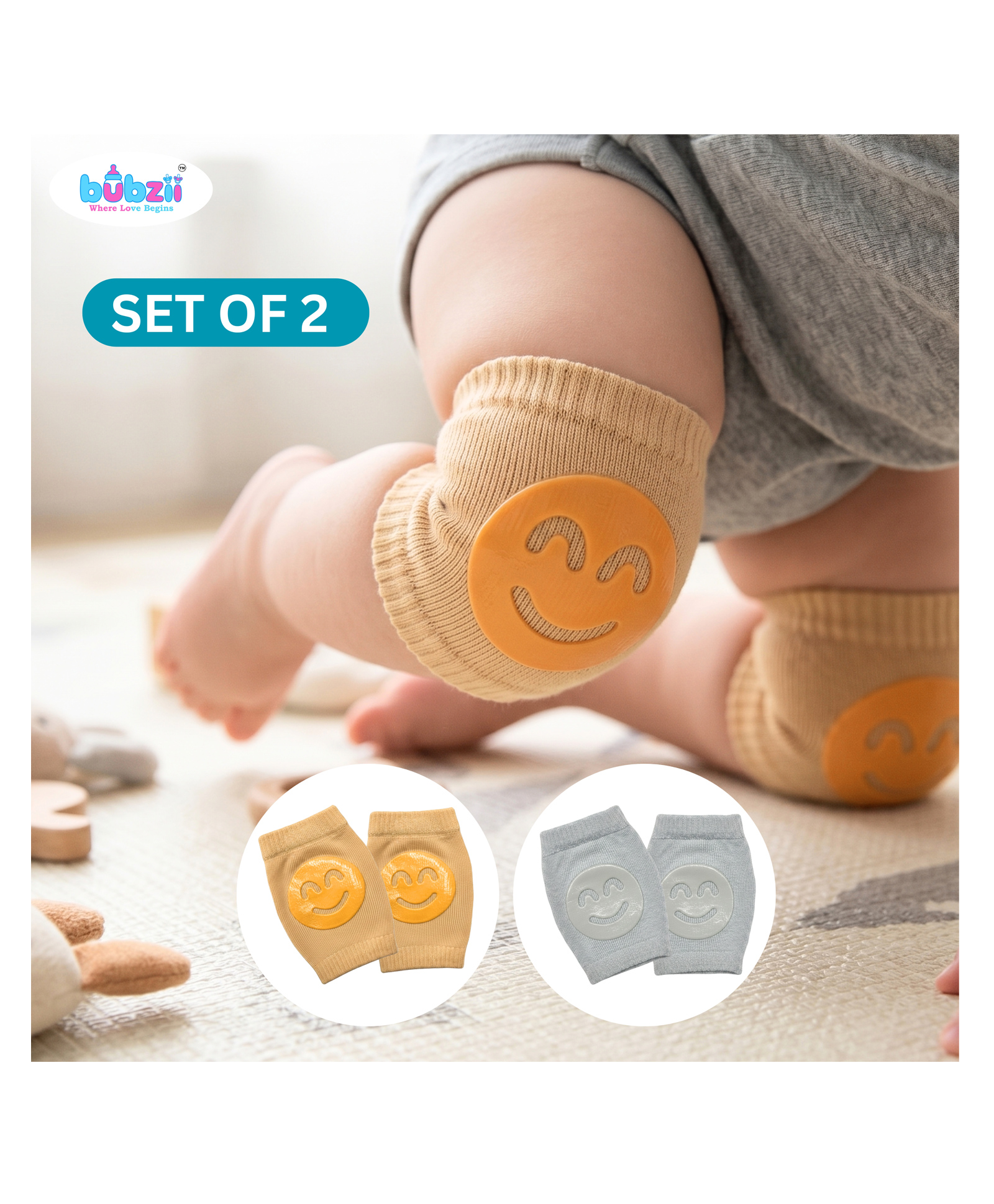 Bubzii Baby Knee Pads for Crawling 0 to 12M Soft Non-Slip and Comfy Knee Protectors Safe Cushioning for Active Babies Honey Beige and Grey-picture-15