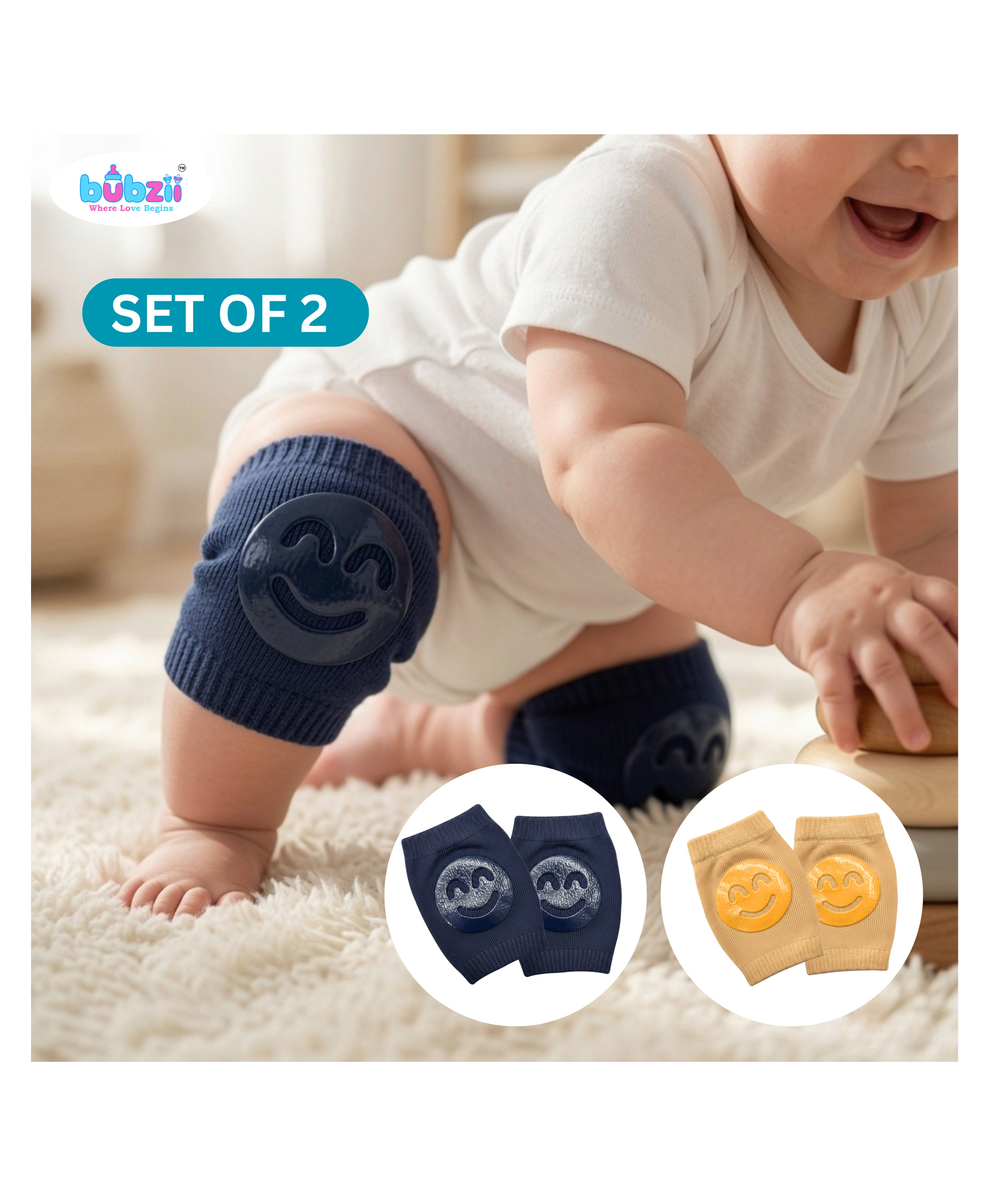 Bubzii Baby Knee Pads for Crawling 0 to 12 months Super Soft Stretchy and Non Slip Comfort Gentle Protection for Tiny Knees Honey Beige and Navy Blue-image-49