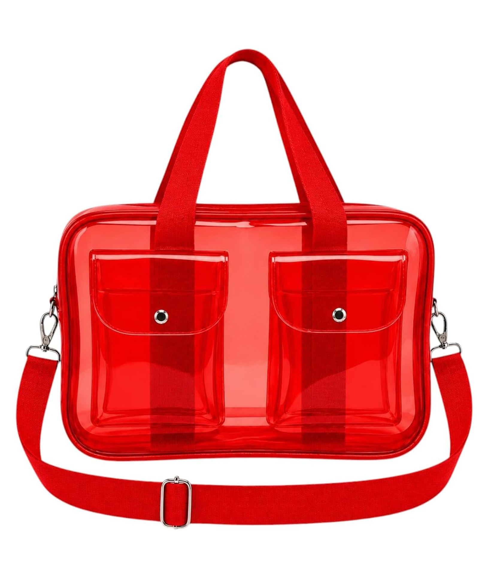 New Pinch Transparent plain Tote Bag Water Resistant unisex PVC Tote Bag For swimming , Office, College, Travel, Cosmetics, Gym, Stadium with Reinforced Straps Height 25 cm(Red)-image-4