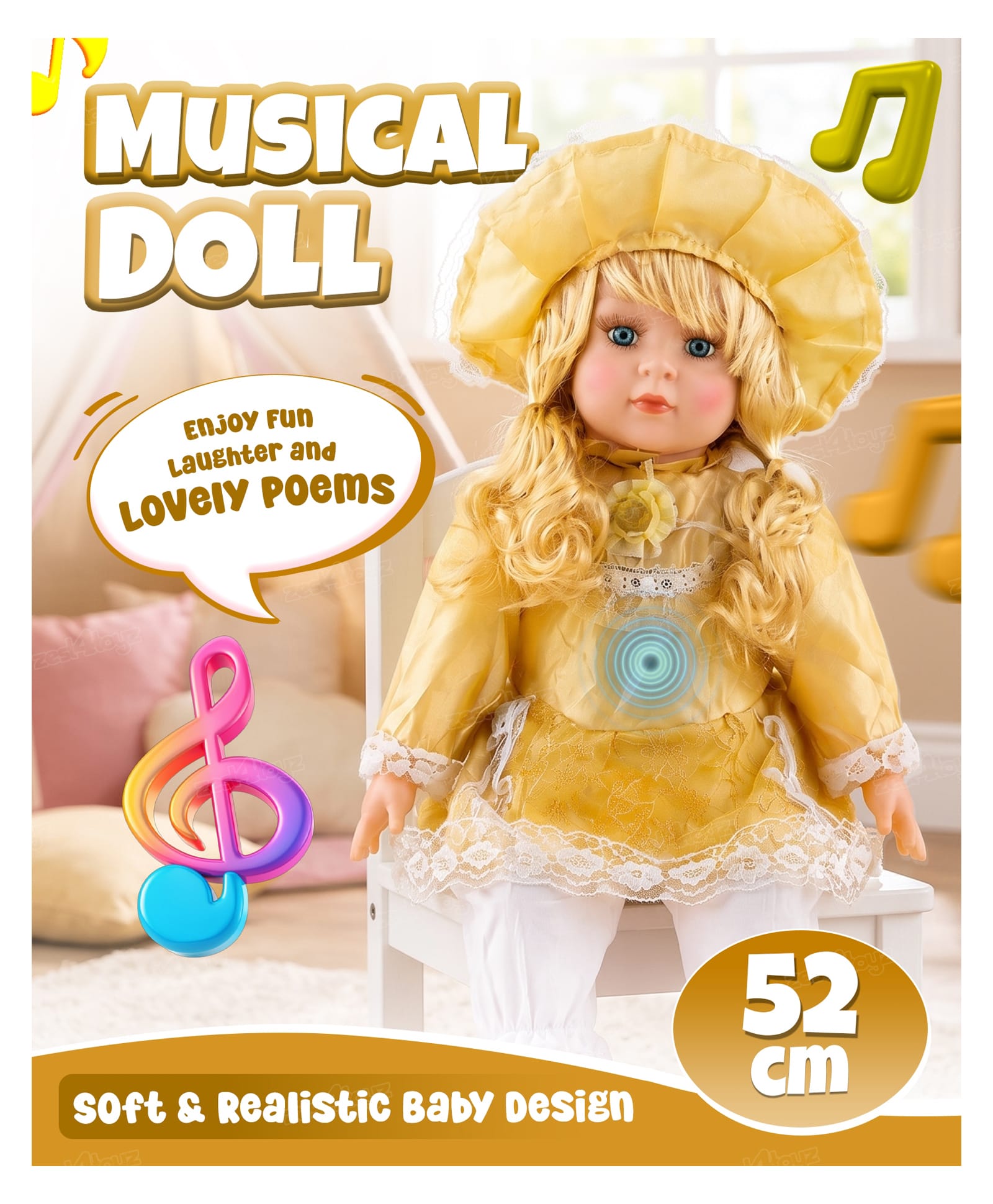 Fiddlerz 36 cm Musical Doll Singing Rhyming Soft Stuffed Push Touch Sensors Doll Toy for Baby Girl - Yellow-image-11