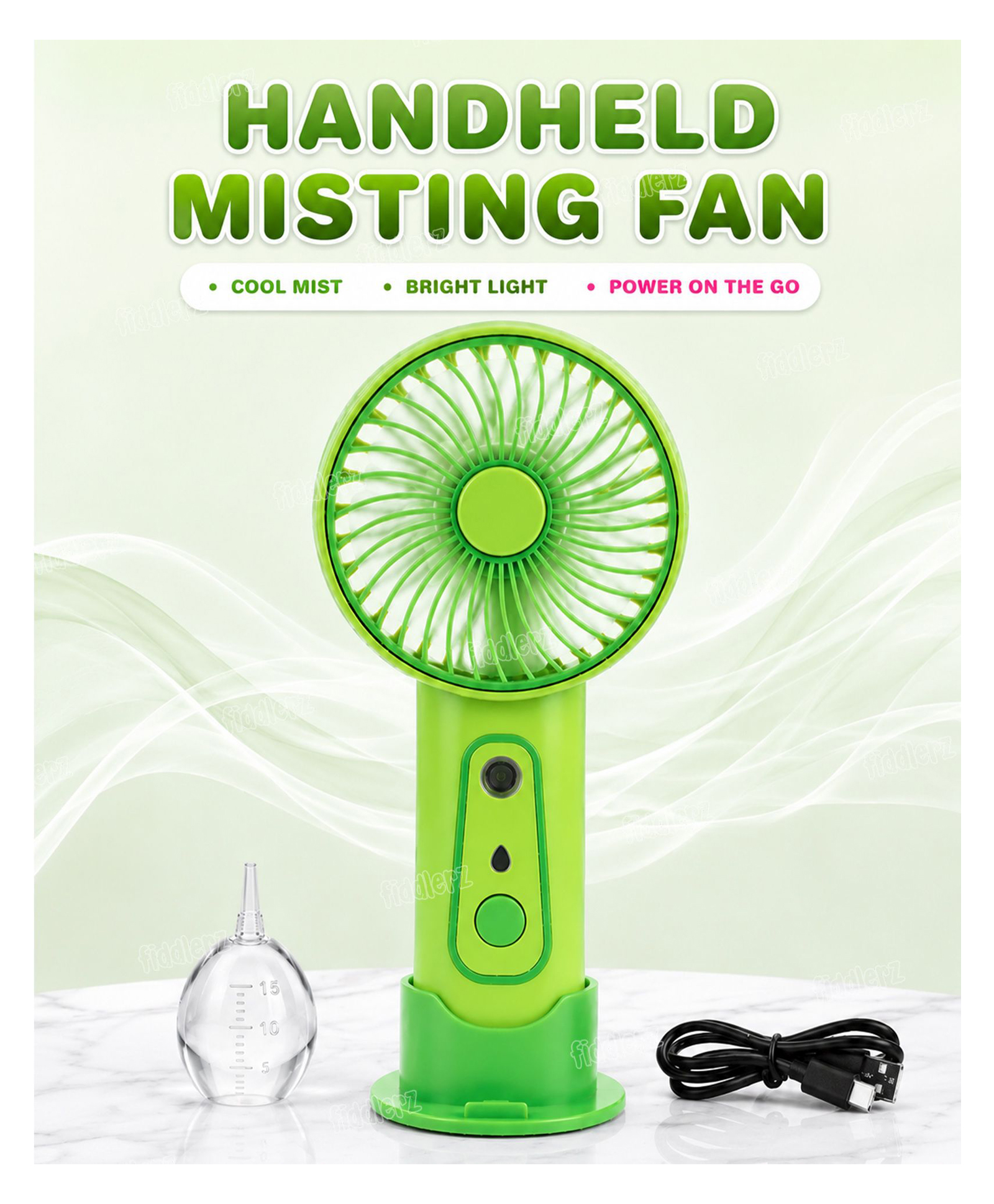 Fiddlerz Portable Handheld Fan | Type-C Rechargeable Mini Spray Fan for Kids & Adults | Personal USB Fan with Water Mist | Desk & Travel Fan for Outdoor, Home, Office | Green-image-2