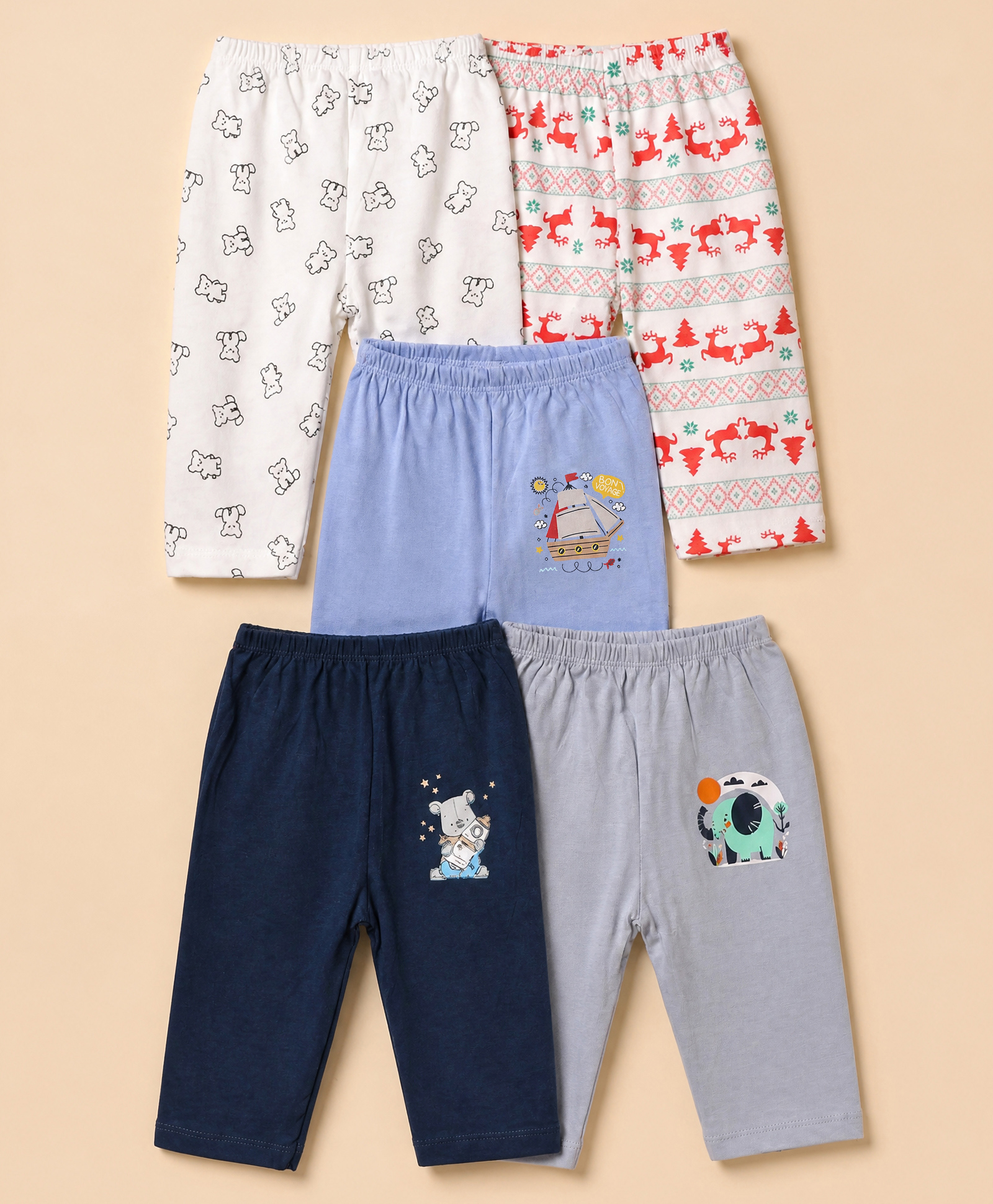 OHMS Single Jersey Knit Full Length Ankle Length Lounge Pant With Animal Print Pack of 5 in Light Blue White Red