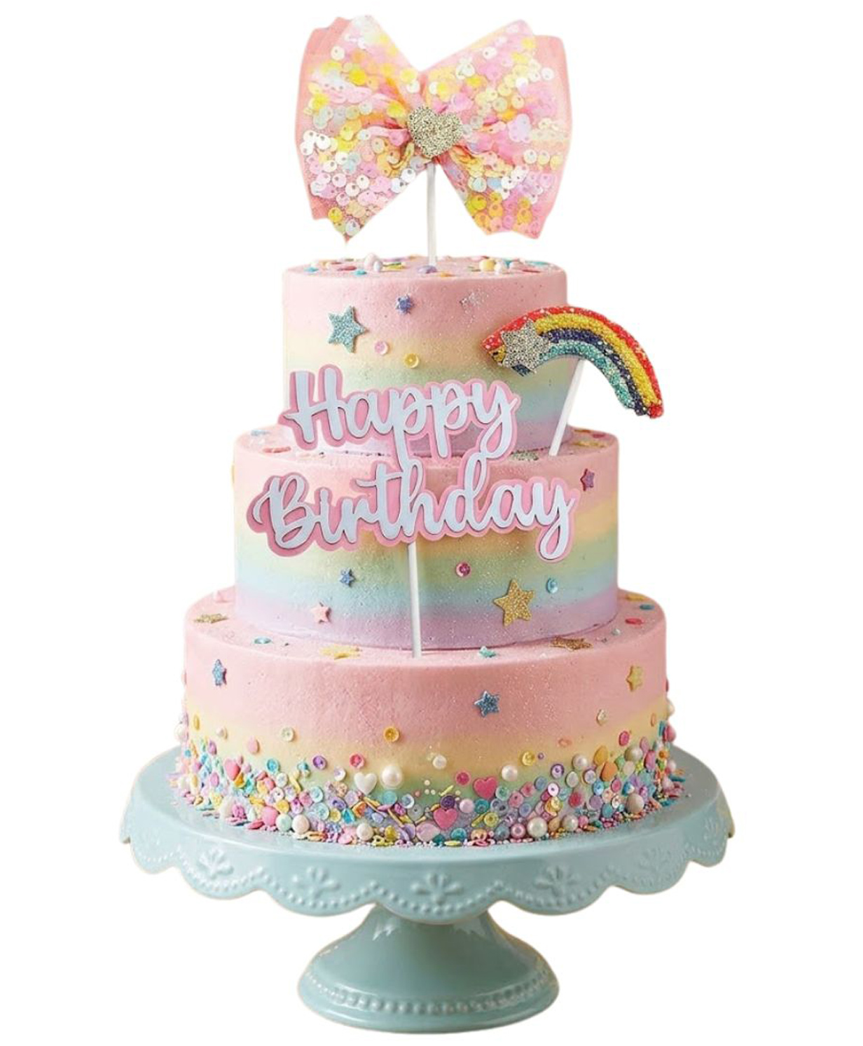 FI - FLICK IN 3 Pcs Happy Birthday Cake Topper Set Rainbow & Pink Bow Glitter Decor (Pack of 1)-image-4