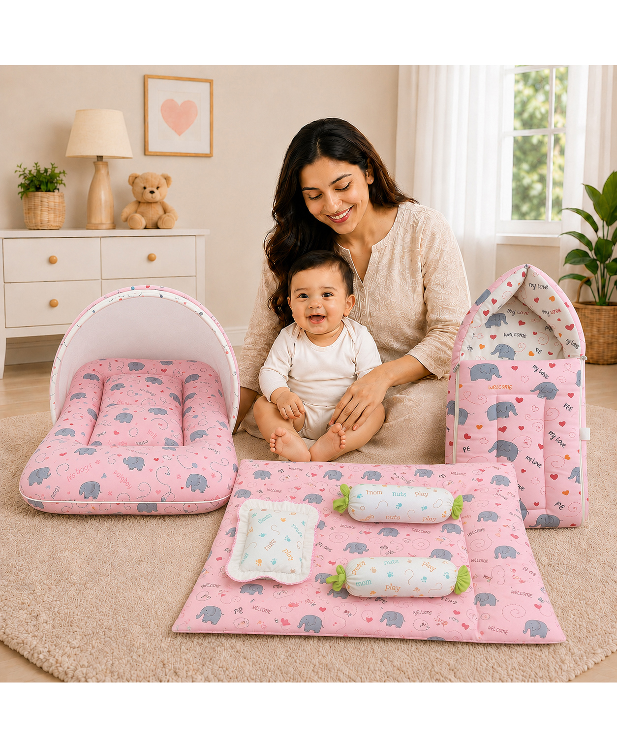 Toddylon New Born Mattress with Net Sleeping Bag & Gadda Set - Pink-picture-1