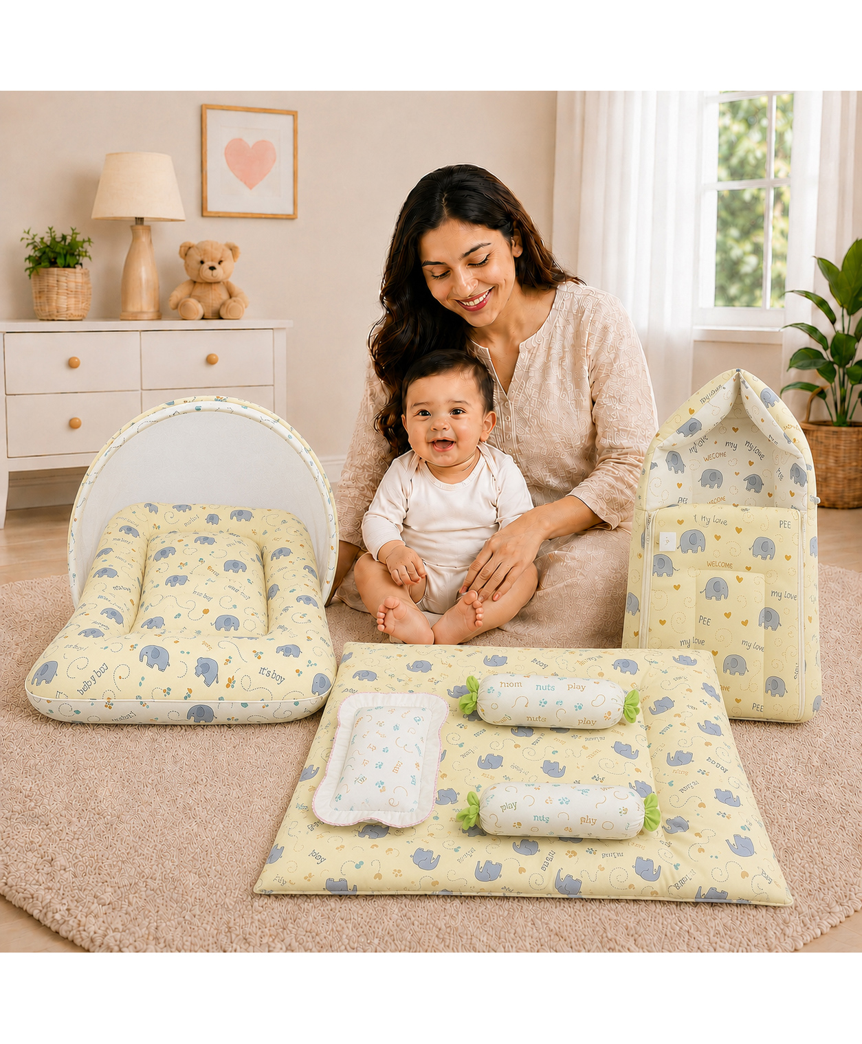 Toddylon New Born Mattress with Net Sleeping Bag & Gadda Set - Yellow-picture-41