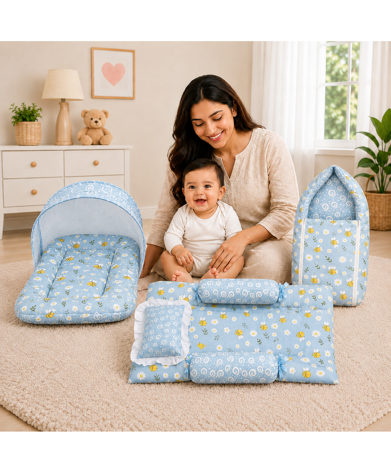 Toddylon Baby Mattress with Mosquito Net Carry Bag & Gaddi Set 0-6 Months - Blue-picture-0