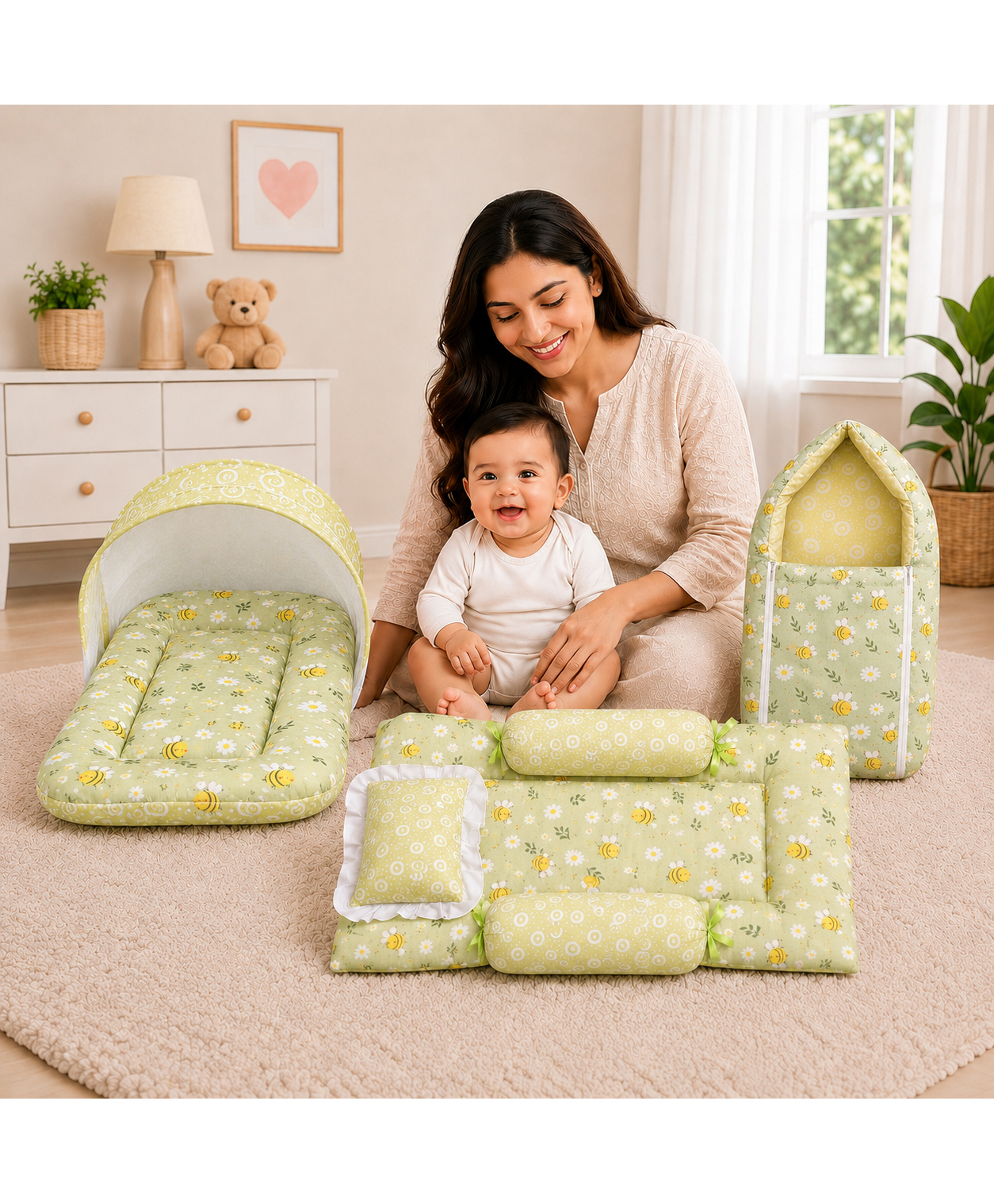 Toddylon Baby Mattress with Mosquito Net Carry Bag & Gaddi Set 0-6 Months - Green-picture-3