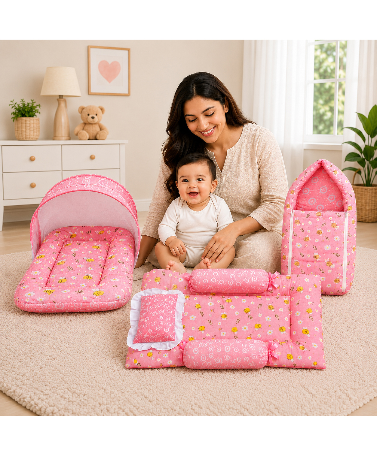 Toddylon Baby Mattress with Mosquito Net Carry Bag & Gaddi Set 0-6 Months - Pink-picture-2