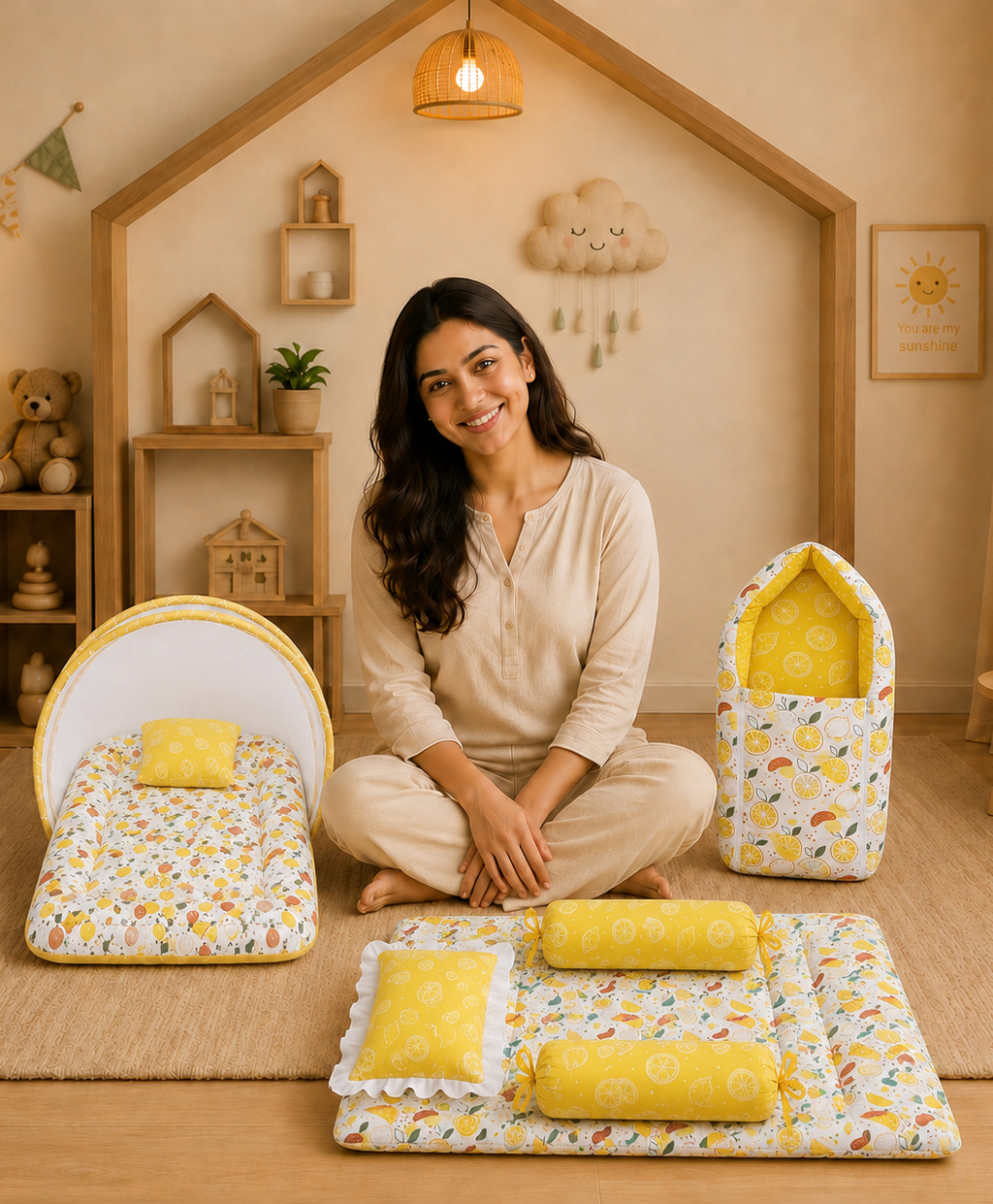 Toddylon Combo of Baby Mattress with Net Carry Bag & Gadda Set 0-6 Months - Yellow-picture-33