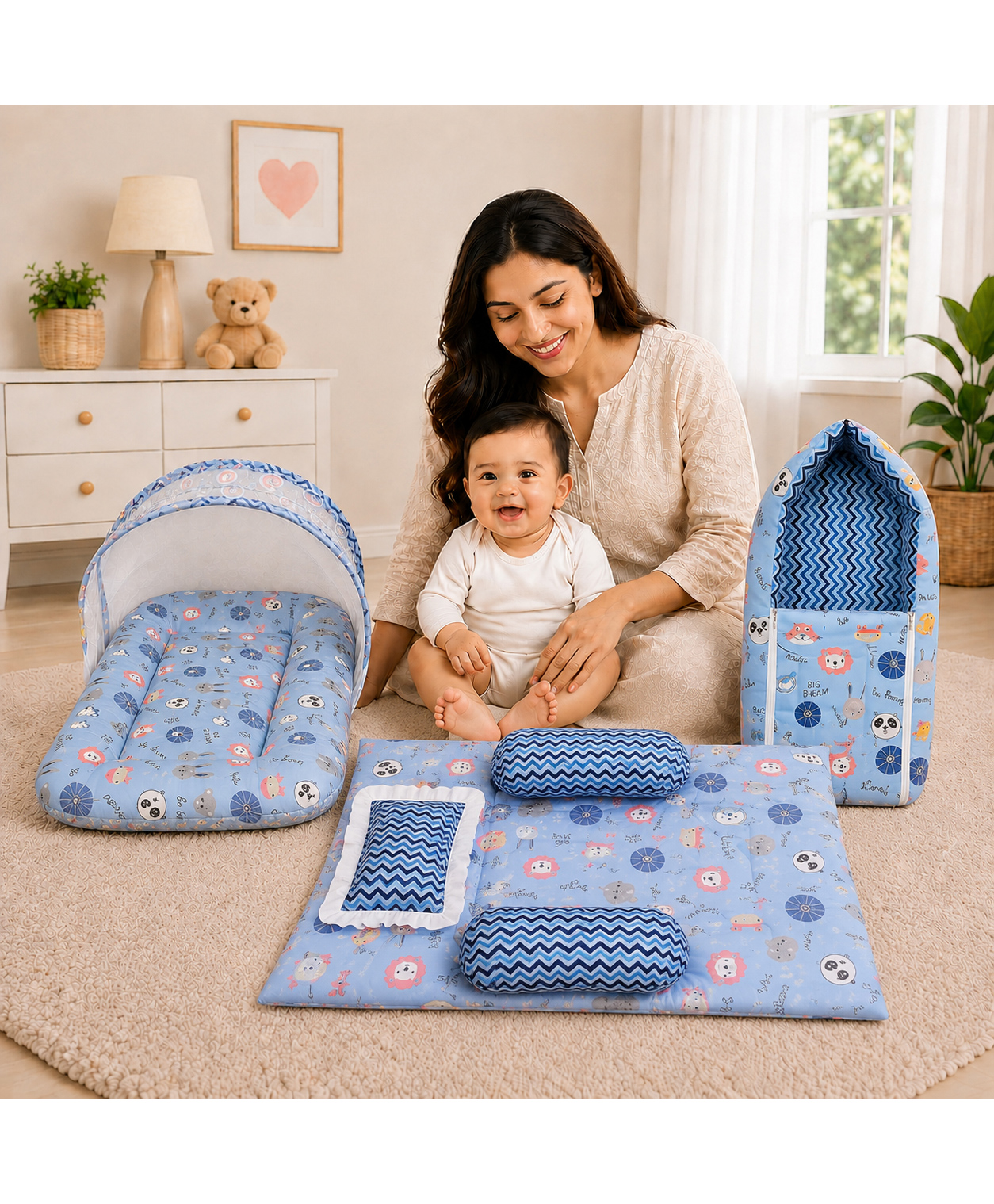 Toddylon New Born Baby Mattress with Net Carry Bag & Bedding Set 0-6 Months - Blue-image-19