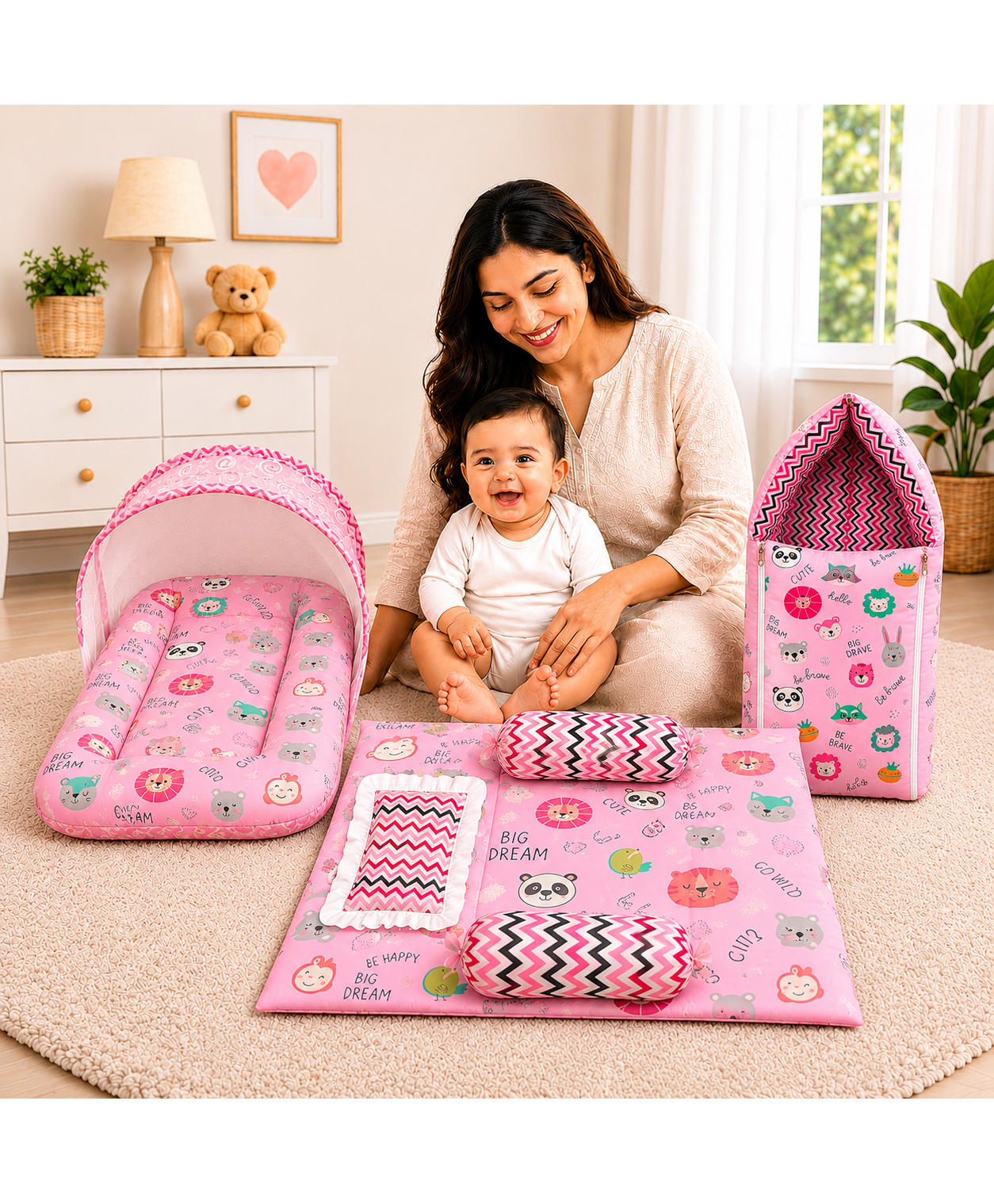 Toddylon New Born Baby Mattress with Net Carry Bag & Bedding Set 0-6 Months - Pink-picture-40