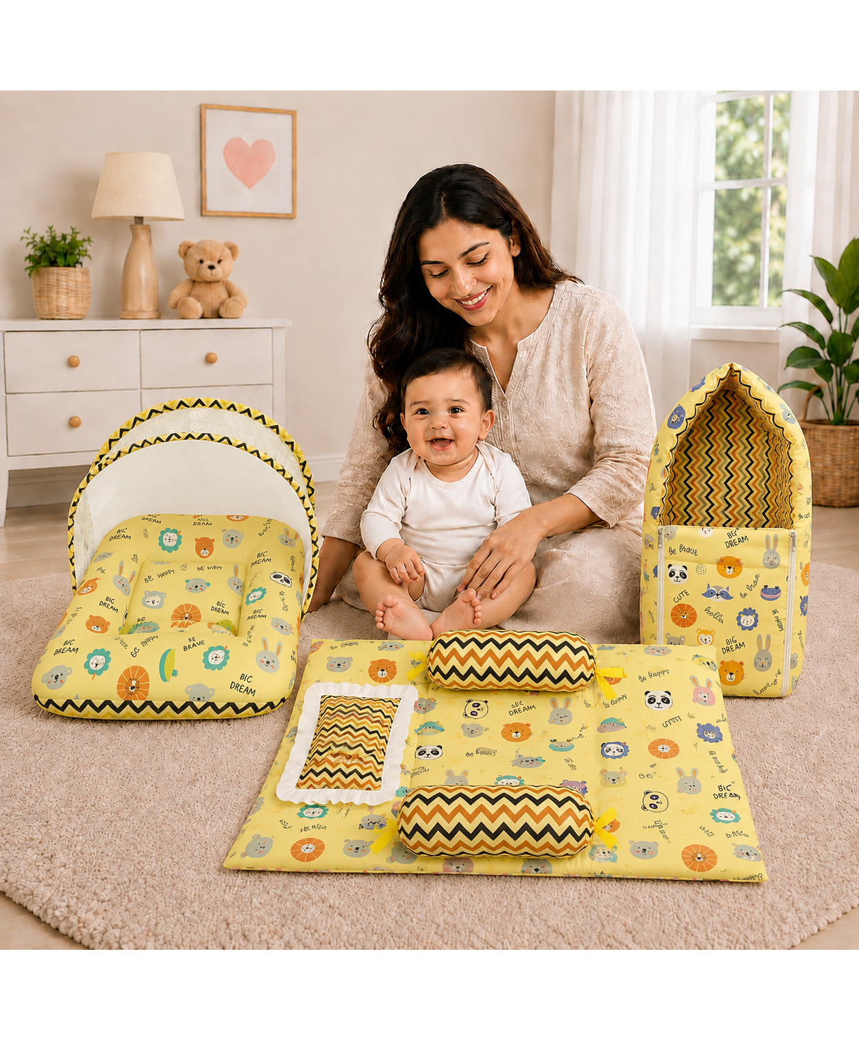 Toddylon New Born Baby Mattress with Net Carry Bag & Bedding Set 0-6 Months - Yellow-picture-36