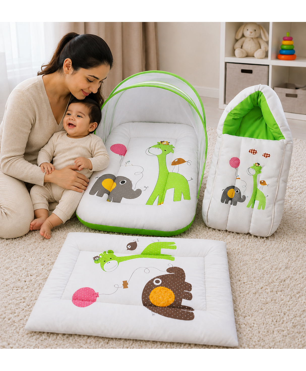 Toddylon 3 Pcs Bedding Set for Newborn Baby Foldable Portable Beds 0-6 Months - Green-picture-35