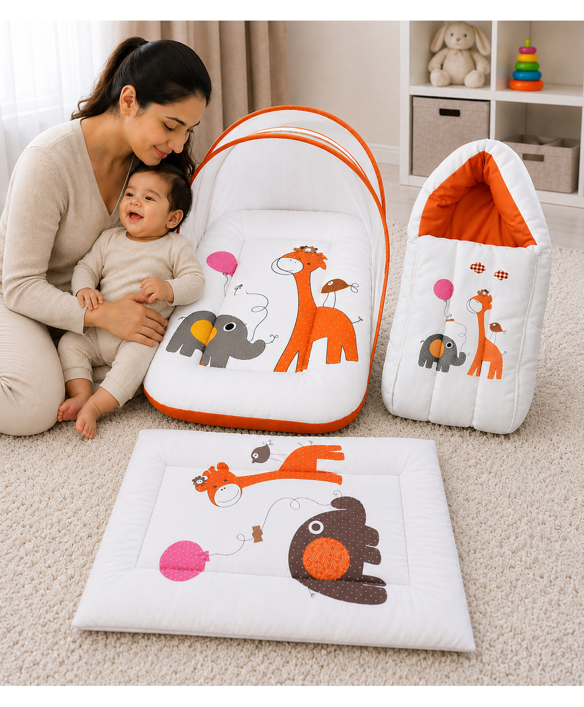 Toddylon 3 Pcs Bedding Set for Newborn Baby Foldable Portable Beds 0-6 Months - Orange-picture-34