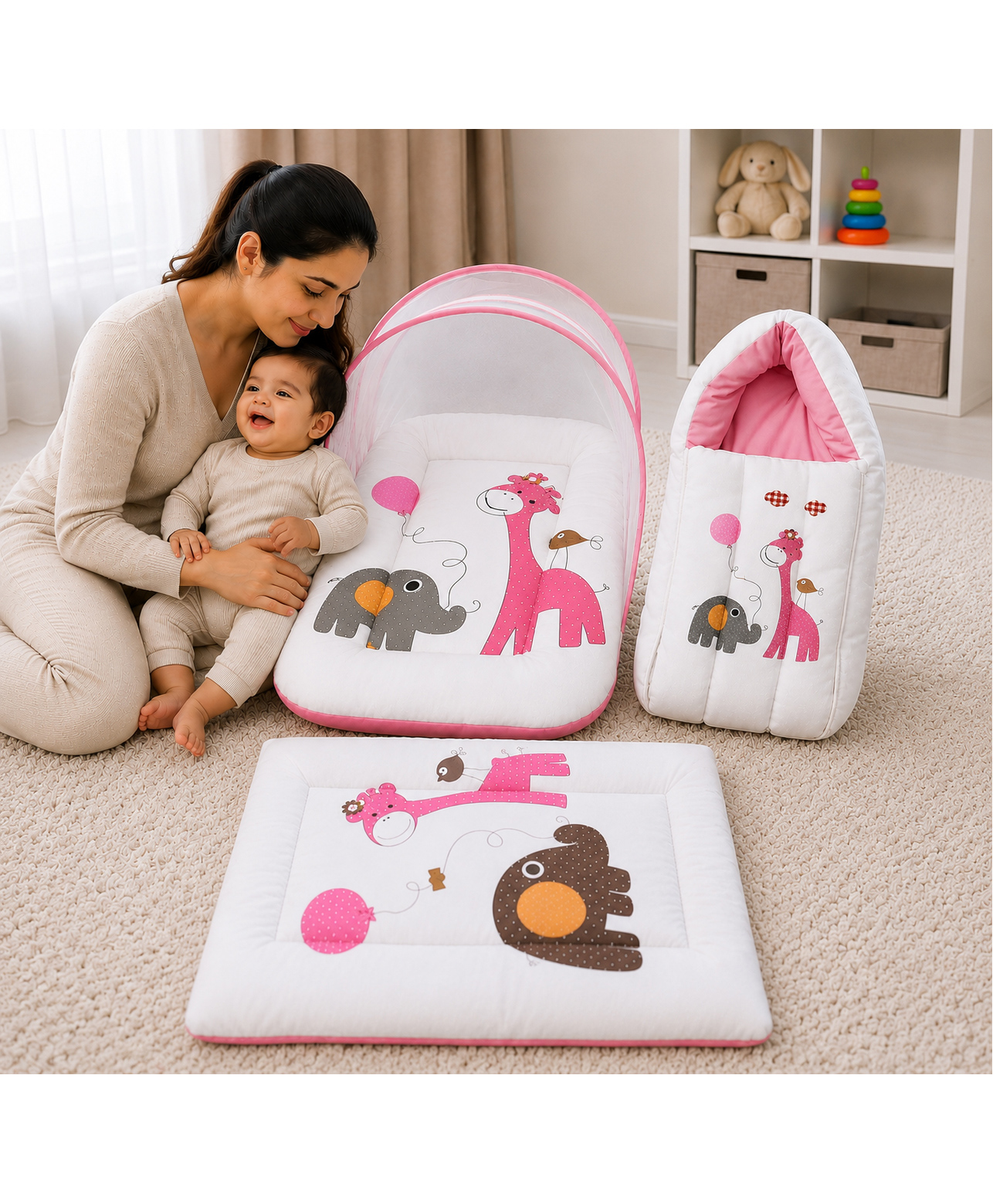 Toddylon 3 Pcs Bedding Set for Newborn Baby Foldable Portable Beds 0-6 Months - Pink-picture-39