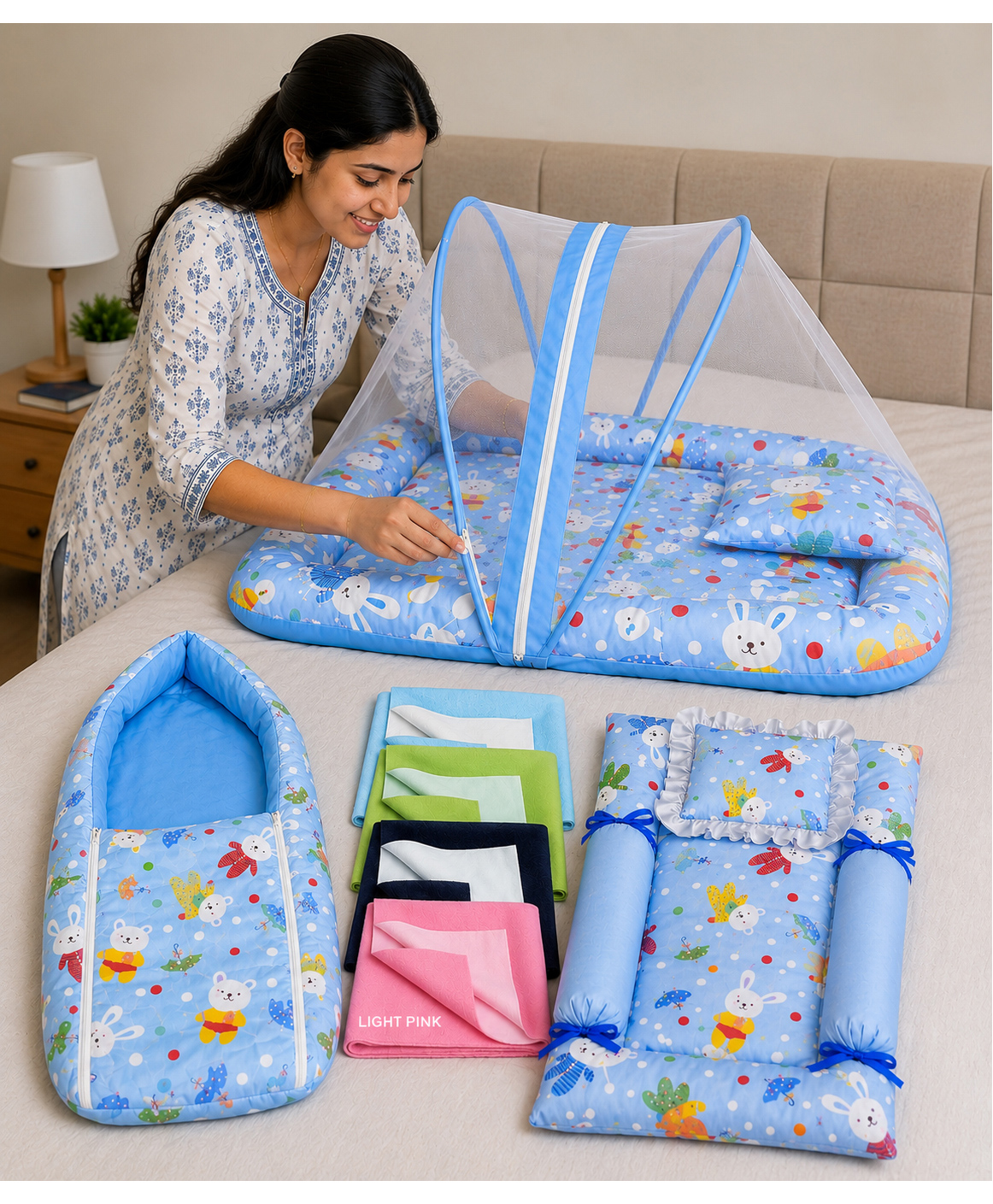 Toddylon Newborn Baby Bedding Set Soft & Breathable Cotton Mattress 4 Pcs Combo 0-6 Months - Blue-picture-25