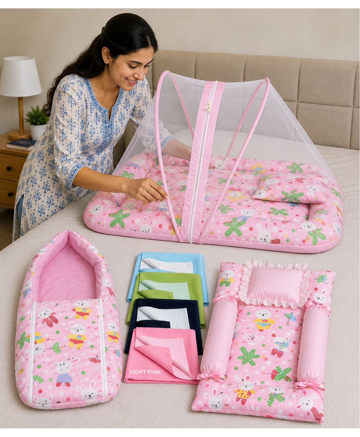 Toddylon Newborn Baby Bedding Set Soft & Breathable Cotton Mattress 4 Pcs Combo 0-6 Months - Pink-picture-16