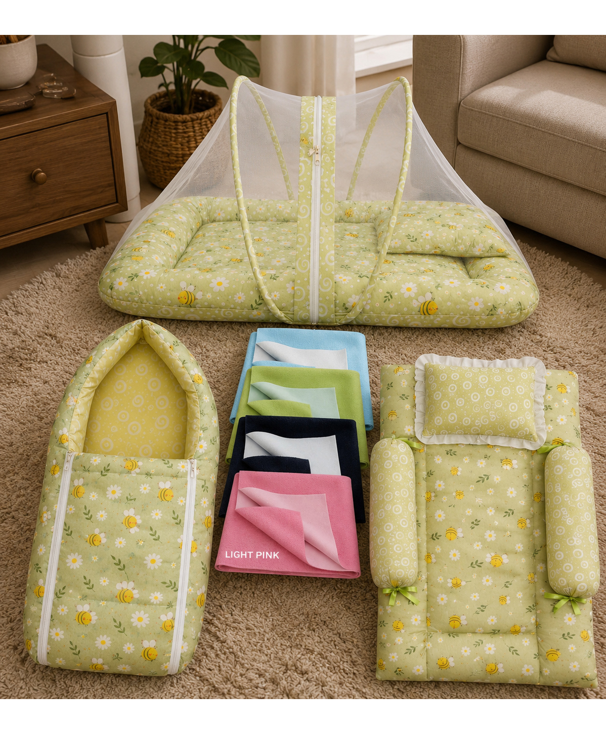 Toddylon Baby Combo Beds Portable & Foldable Infant 4 Pcs Bedding Set 0-6 Months - Green-picture-9