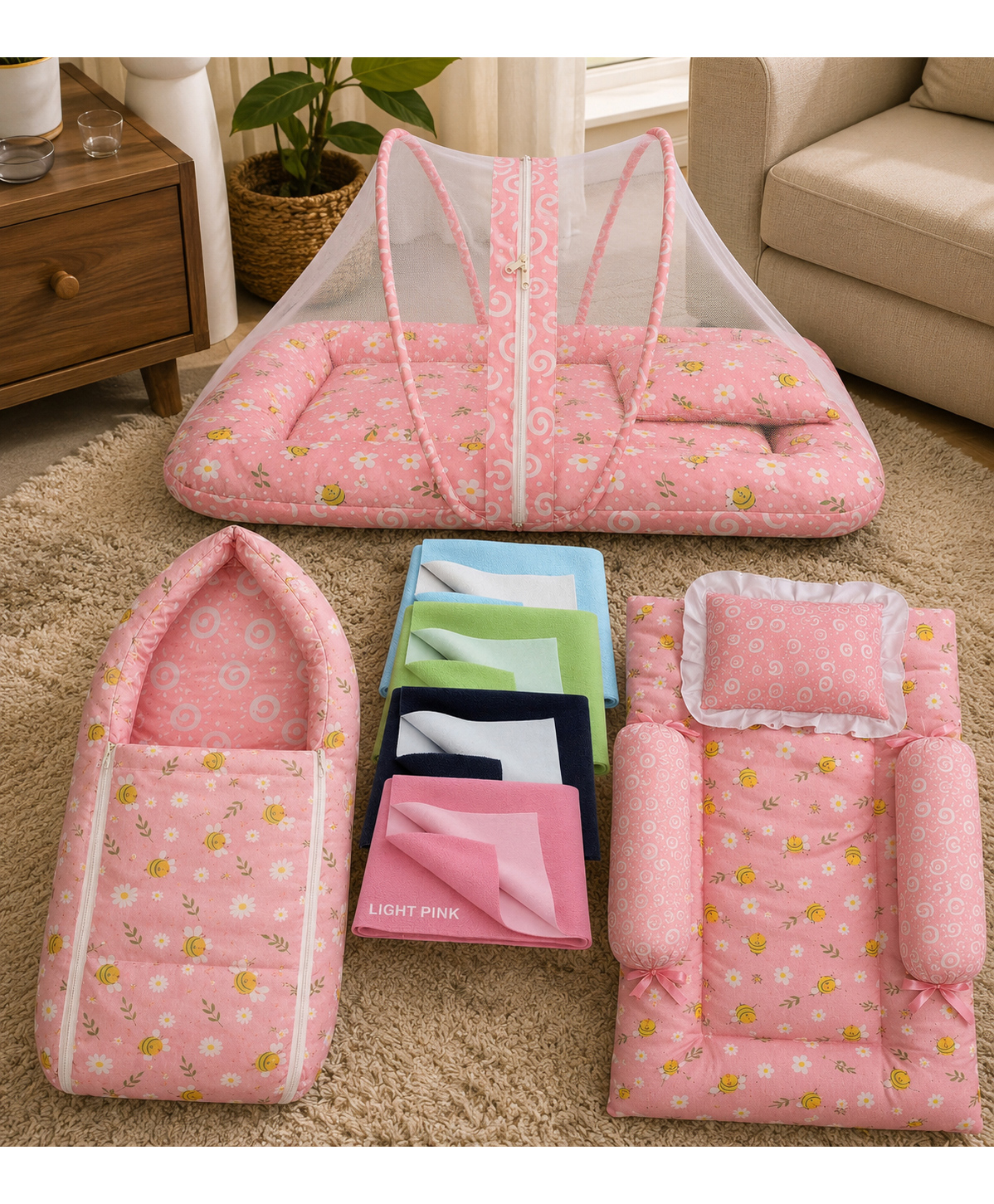 Toddylon Baby Combo Beds Portable & Foldable Infant 4 Pcs Bedding Set 0-6 Months - Pink-image-14