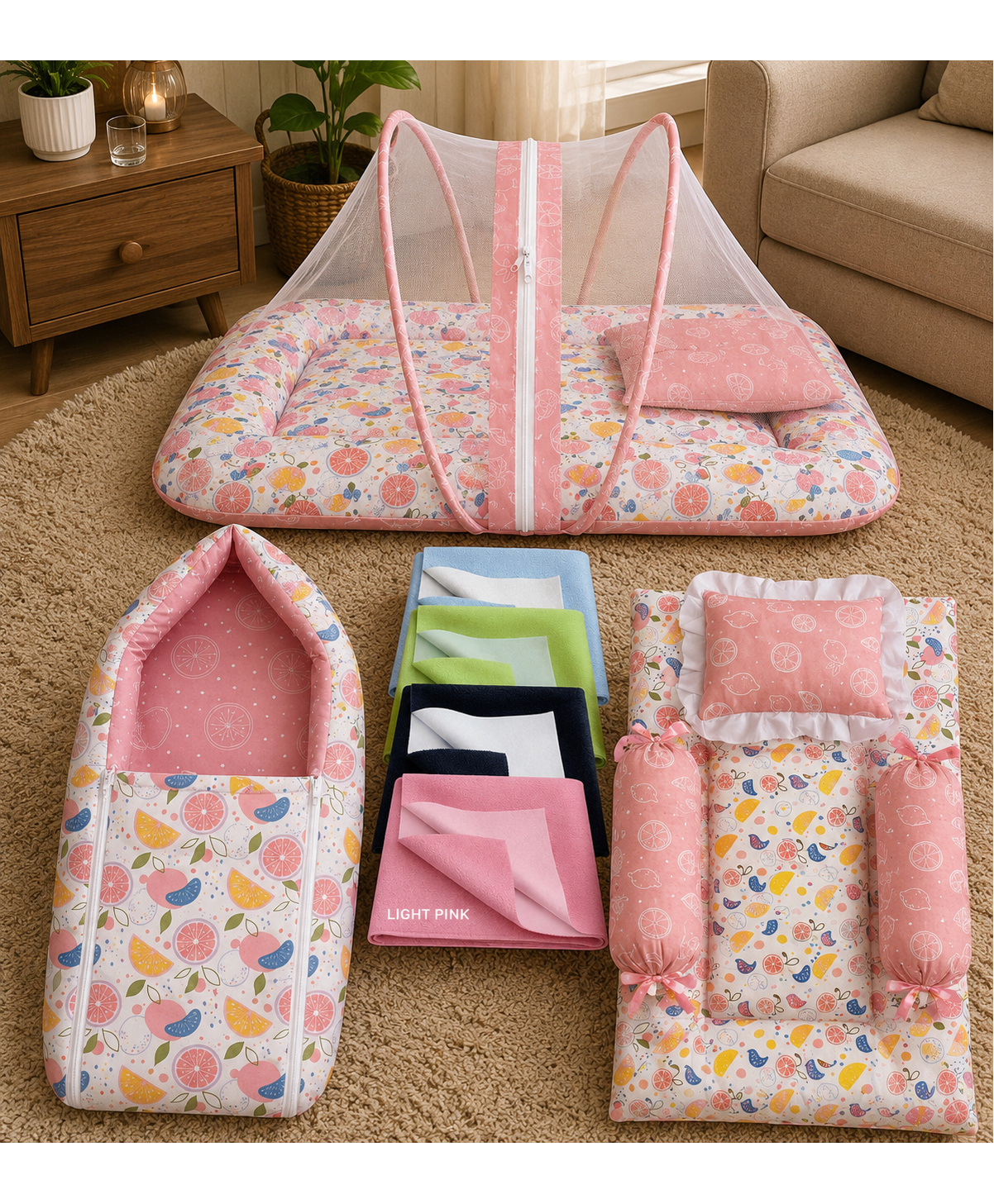 Toddylon Baby 4 Pcs Bedding Set Mattress with Net Carry Bag Gadda & Dry Sheets 0-6 Months - Pink-image-13