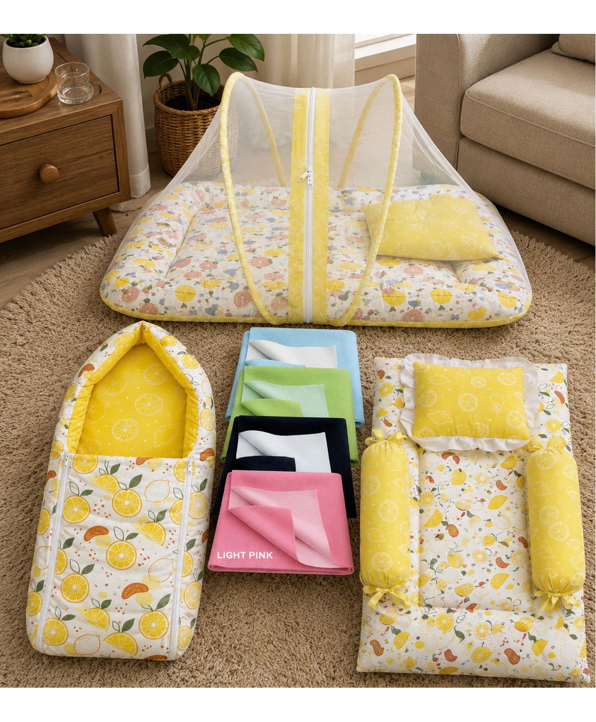 Toddylon Baby 4 Pcs Bedding Set Mattress with Net Carry Bag Gadda & Dry Sheets 0-6 Months - Yellow-picture-20