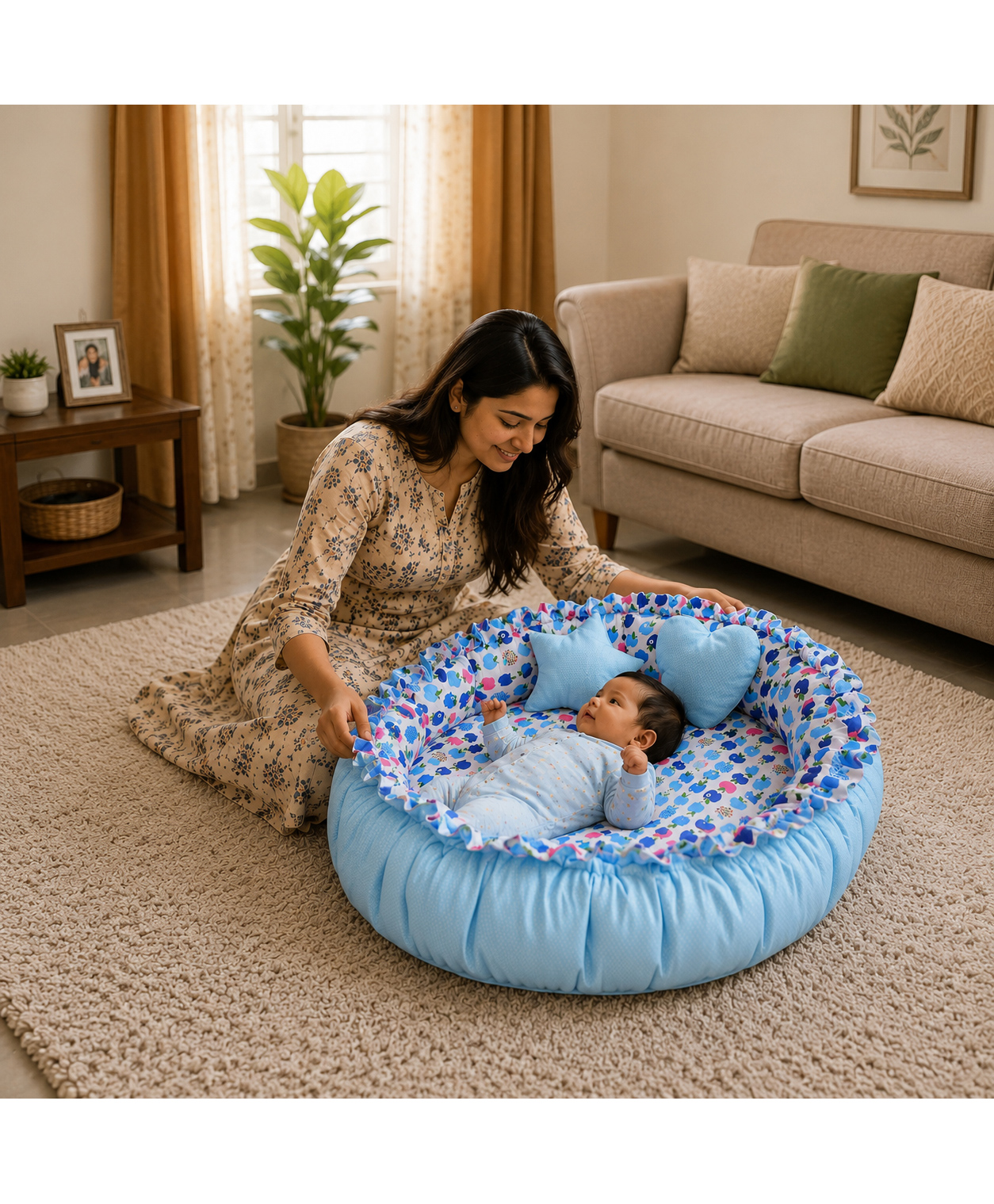Toddylon New Born Baby Reversible Bedding Nest Cotton Mattress 0-6 Months - Blue-picture-26