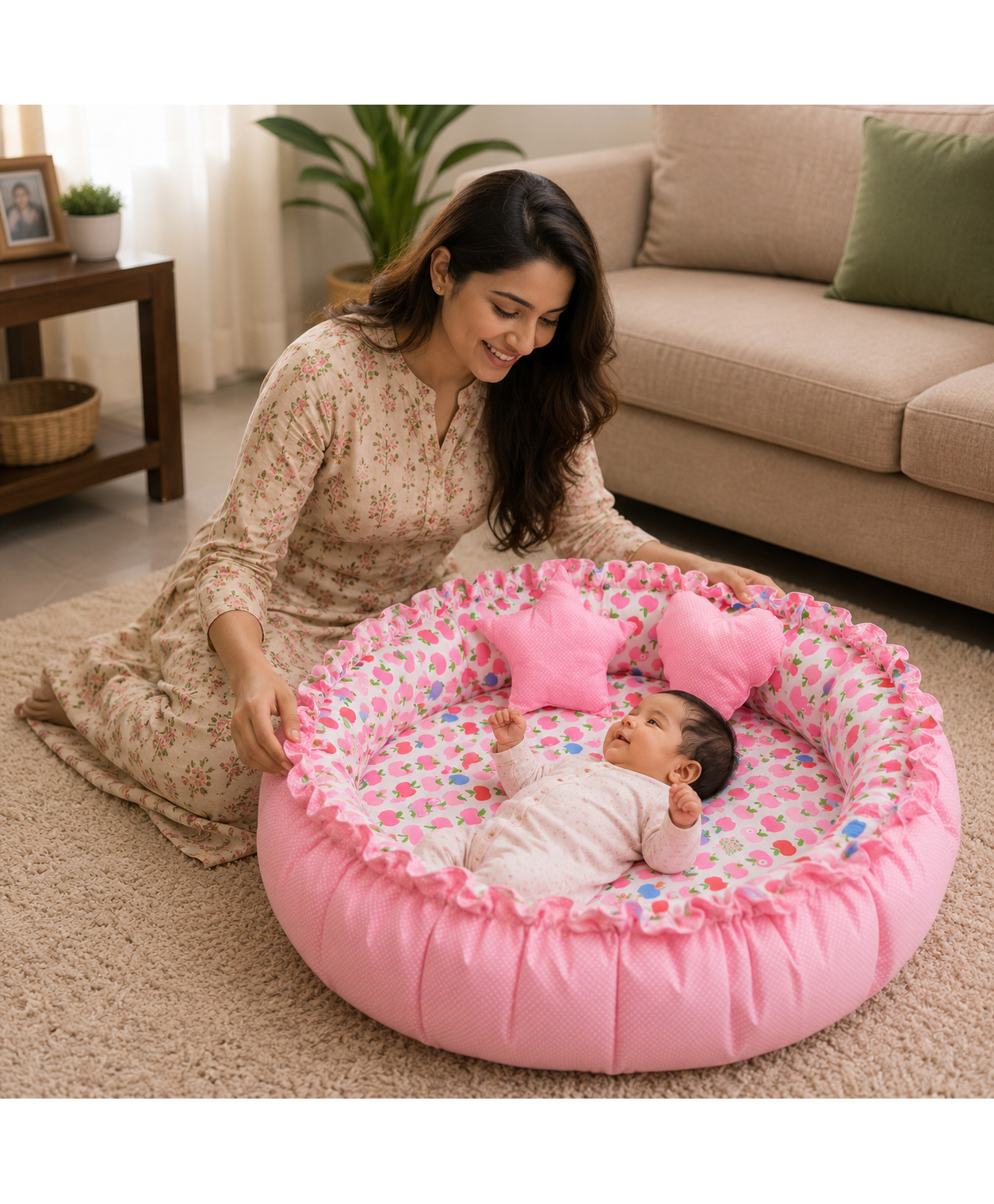 Toddylon New Born Baby Reversible Bedding Nest Cotton Mattress 0-6 Months - Pink-picture-19