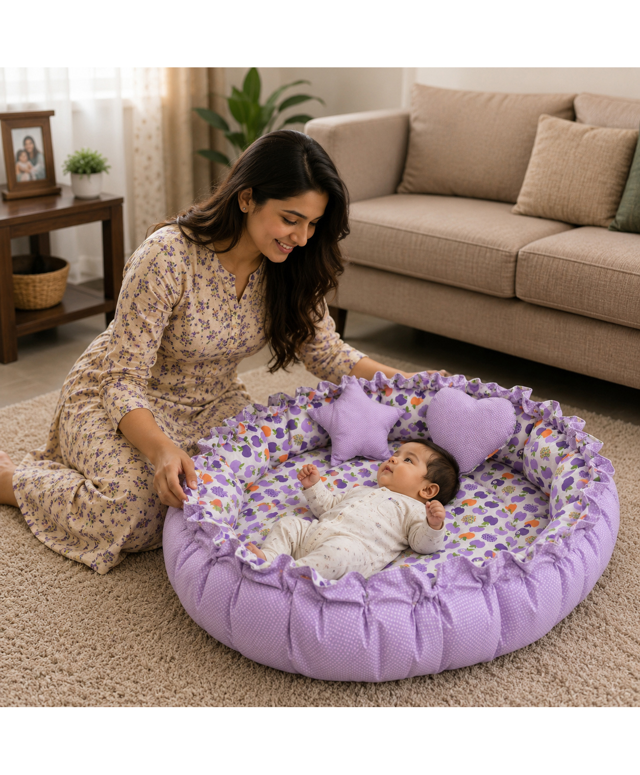 Toddylon New Born Baby Reversible Bedding Nest Cotton Mattress 0-6 Months - Purple-picture-17