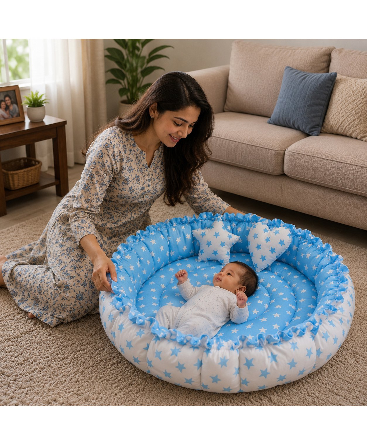 Toddylon Baby Bed Bedding Set for New Born Reversible Cotton Mattress 0-6 Months - Blue-picture-22