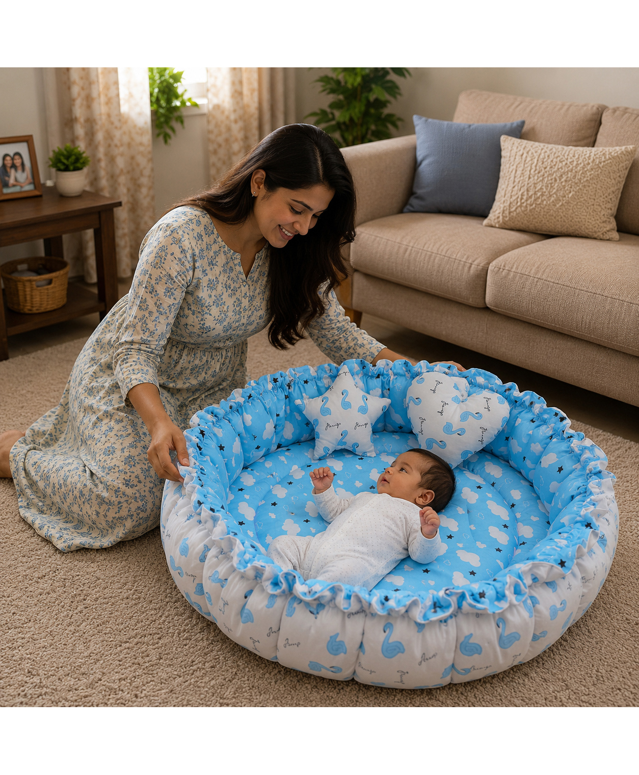Toddylon New Born Baby Reversible Bedding Set Cotton Mattress Nest 0-6 Months - Blue-picture-15