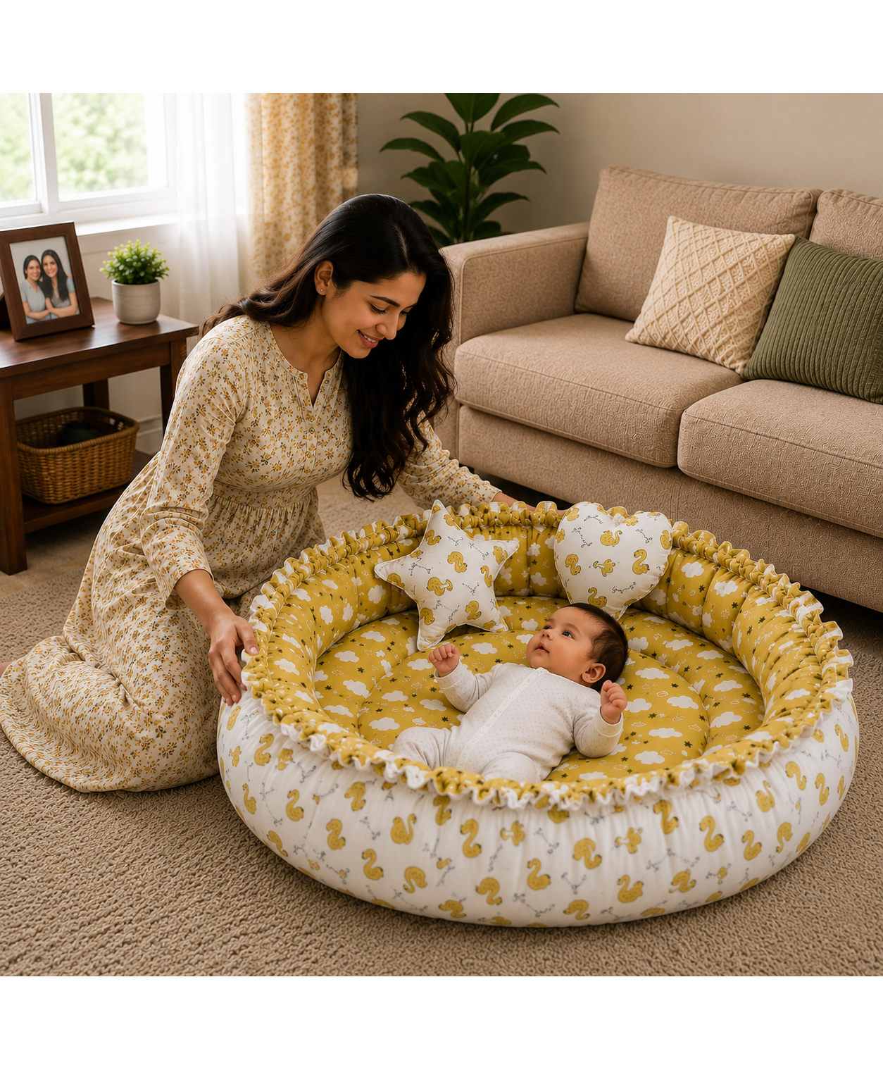 Toddylon New Born Baby Reversible Bedding Set Cotton Mattress Nest 0-6 Months - Green-picture-38