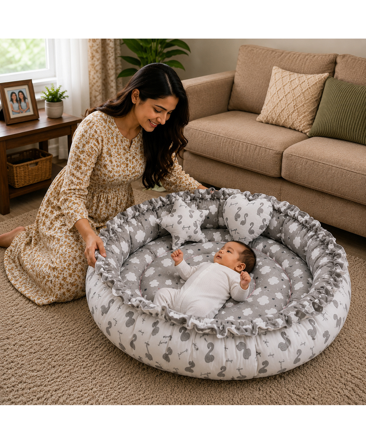 Toddylon New Born Baby Reversible Bedding Set Cotton Mattress Nest 0-6 Months - Grey-image-13