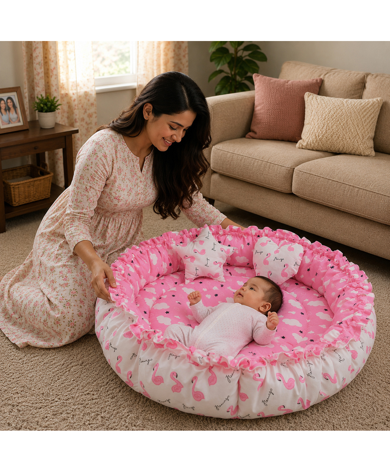 Toddylon New Born Baby Reversible Bedding Set Cotton Mattress Nest 0-6 Months - Pink-picture-4