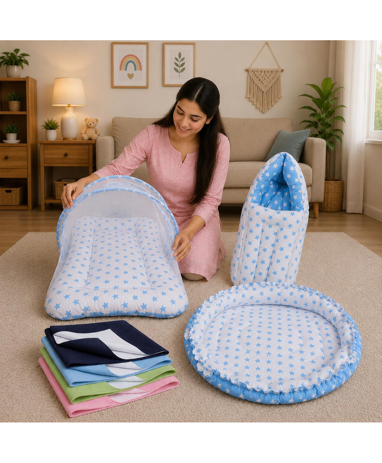 Toddylon Baby 4 Pcs Bedding Set Mattress with Net Carry Bag Nest & Dry Sheets 0-6 Months - Blue-picture-44