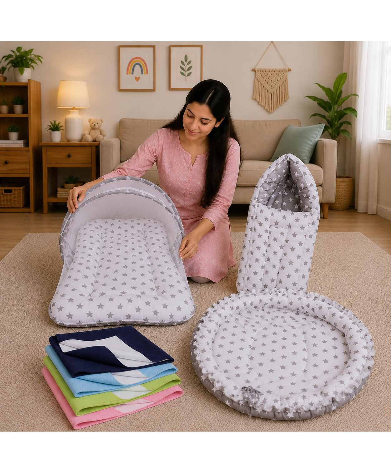 Toddylon Baby 4 Pcs Bedding Set Mattress with Net Carry Bag Nest & Dry Sheets 0-6 Months - Grey-picture-45