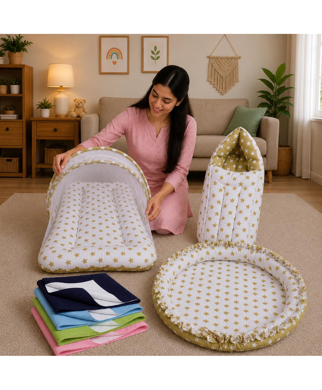 Toddylon Baby 4 Pcs Bedding Set Mattress with Net Carry Bag Nest & Dry Sheets 0-6 Months - Green-picture-42