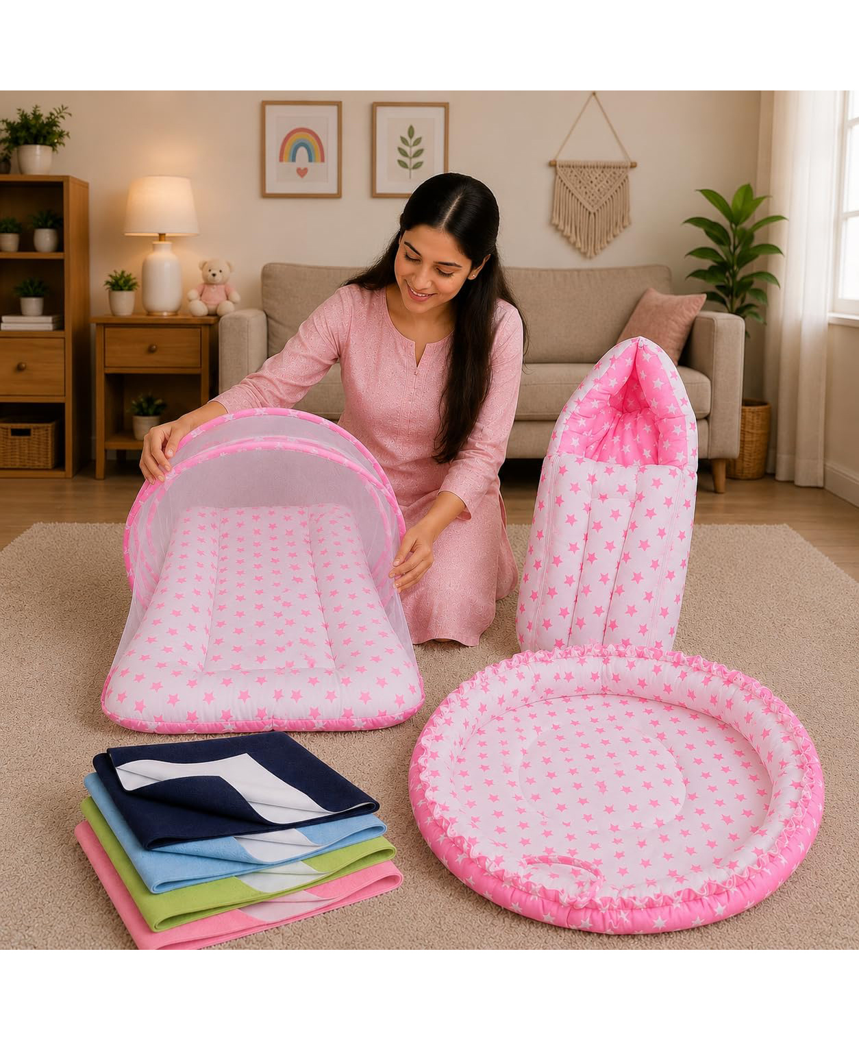 Toddylon Baby 4 Pcs Bedding Set Mattress with Net Carry Bag Nest & Dry Sheets 0-6 Months - Pink-image-49
