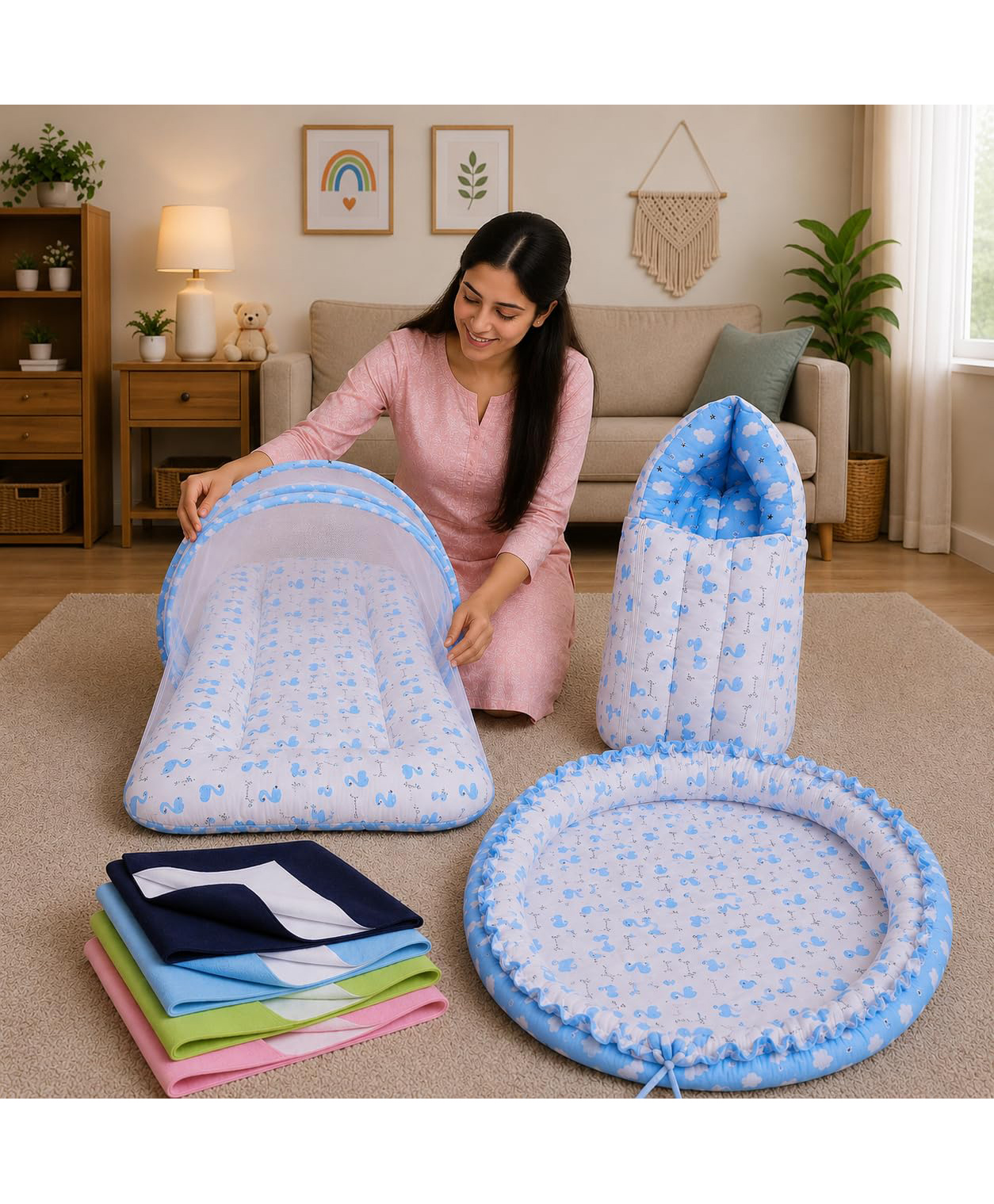 Toddylon Baby 4 Pcs Bedding Carry Bag Nest Mattress with Net & 4 Dry Sheets 0-6 Months - Blue-image-34