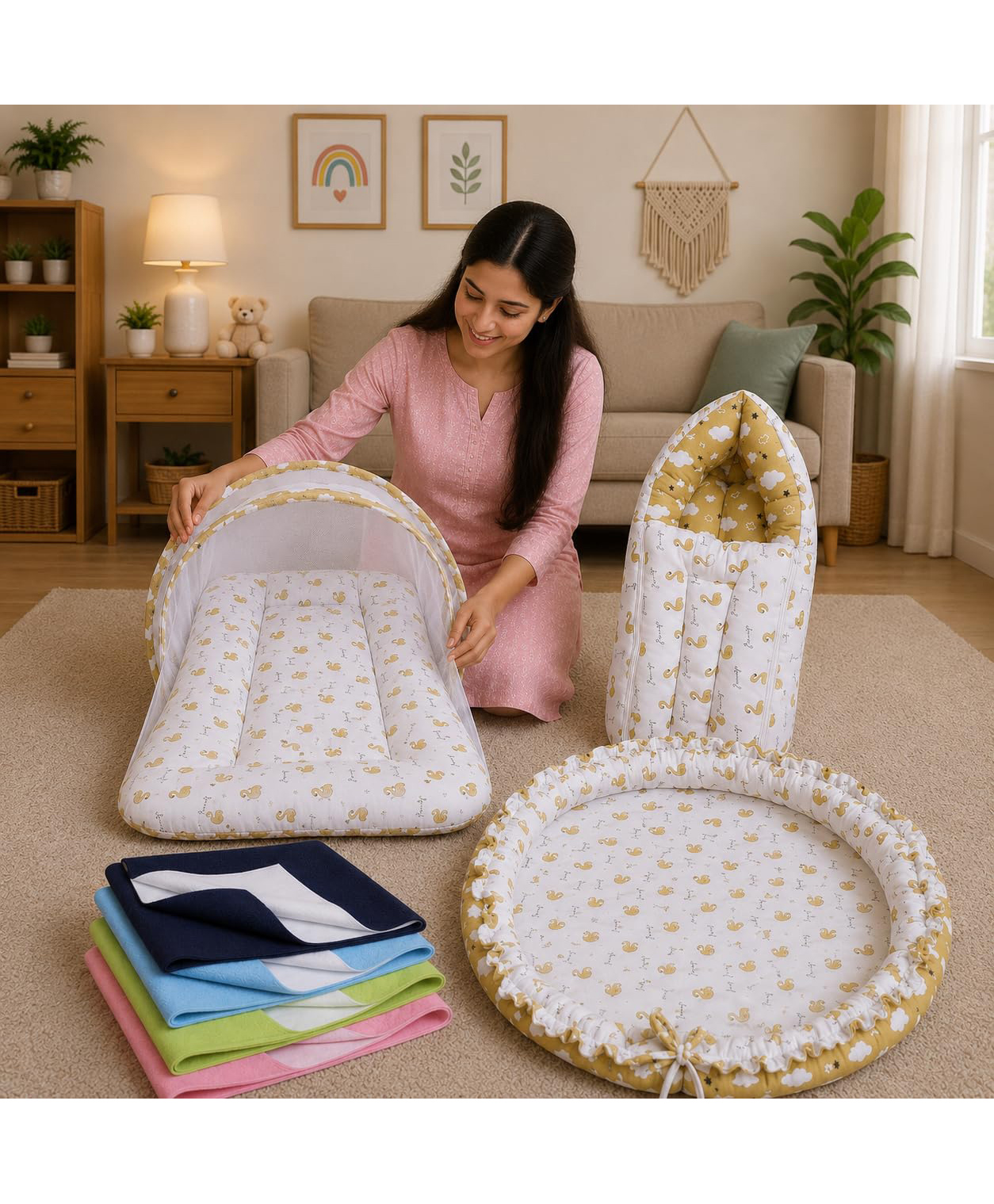 Toddylon Baby 4 Pcs Bedding Carry Bag Nest Mattress with Net & 4 Dry Sheets 0-6 Months - Green-picture-29