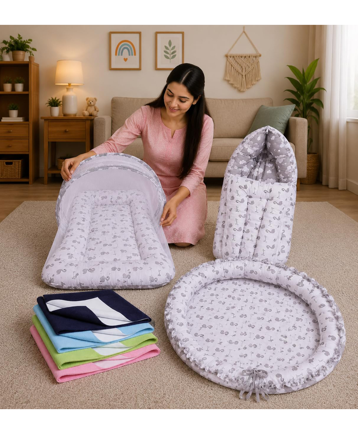 Toddylon Baby 4 Pcs Bedding Carry Bag Nest Mattress with Net & 4 Dry Sheets 0-6 Months - Grey-picture-27
