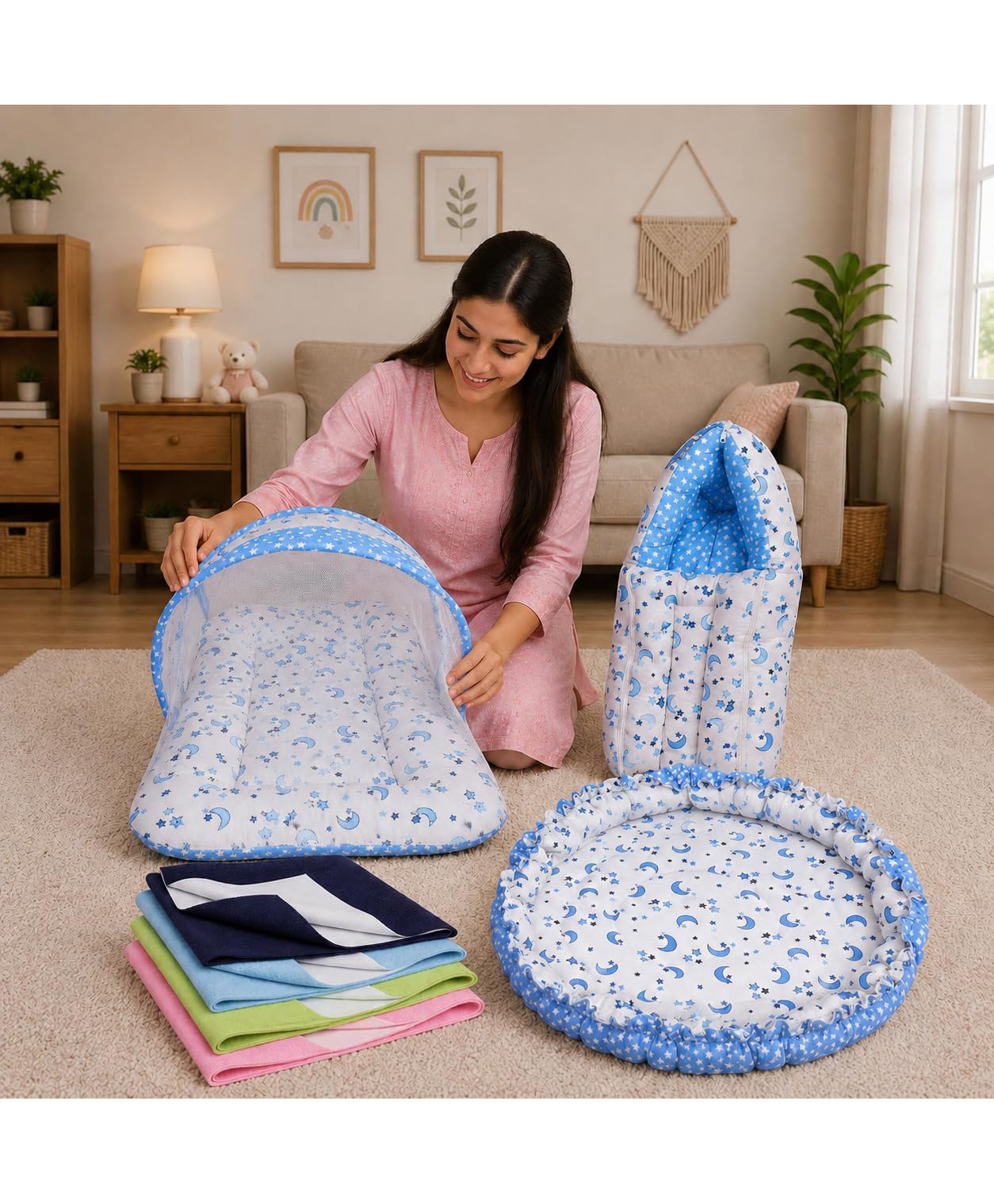 Toddylon Baby 4 Pcs Bedding Set Soft & Breathable Cotton New Born Essentials 0-6 Months - Blue-image-40