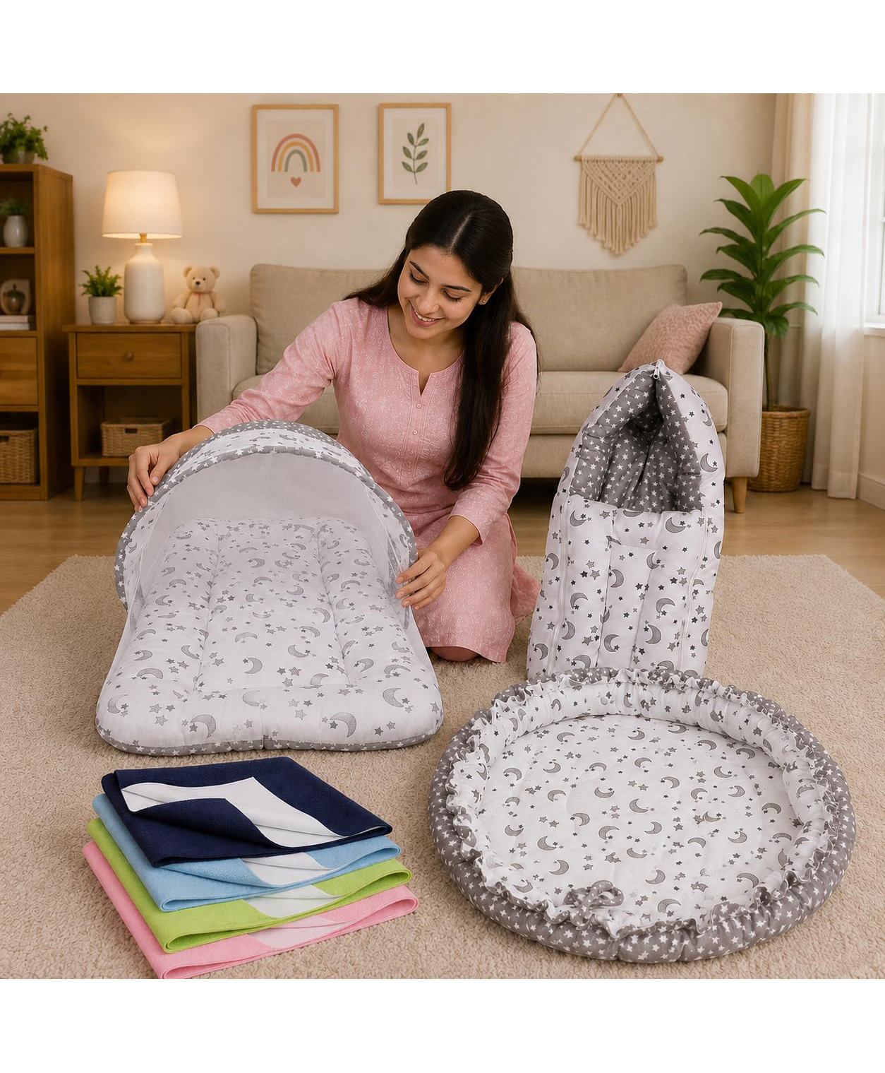 Toddylon Baby 4 Pcs Bedding Set Soft & Breathable Cotton New Born Essentials 0-6 Months - Grey-image-24