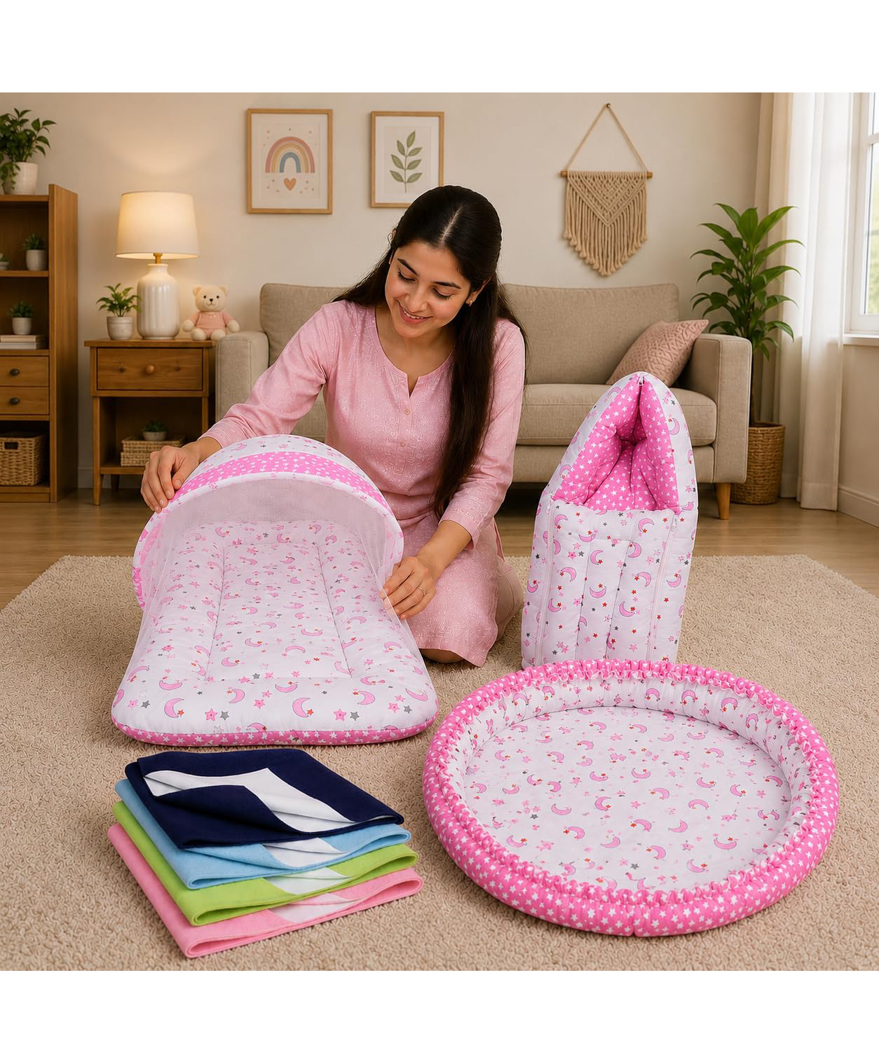 Toddylon Baby 4 Pcs Bedding Set Soft & Breathable Cotton New Born Essentials 0-6 Months - Pink-image-47
