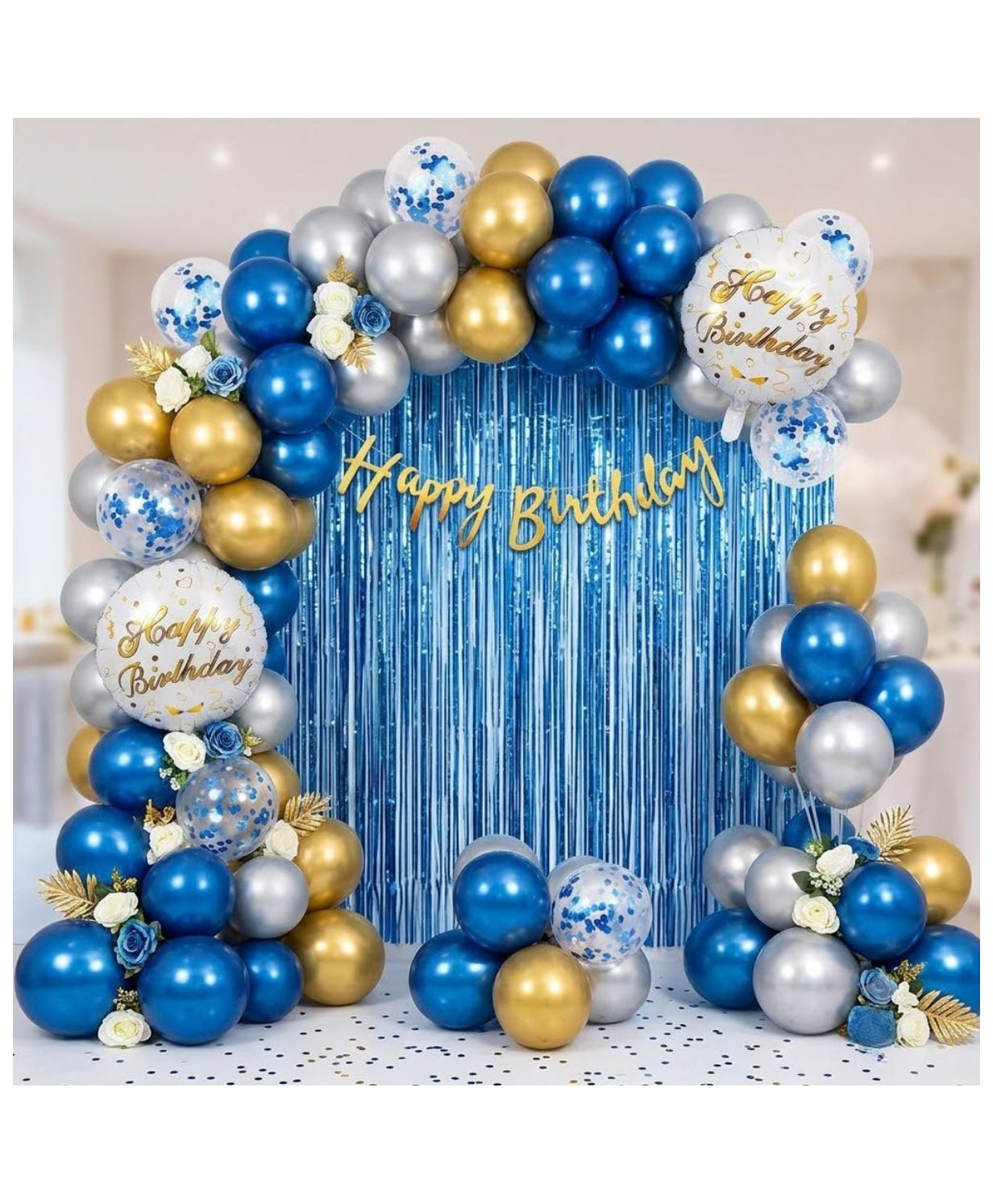 FI - FLICK IN 45 Blue and gold party theme, "All-in-one birthday balloon kit," "Event photography backdrop decorations,Modern birthday arch-image-23