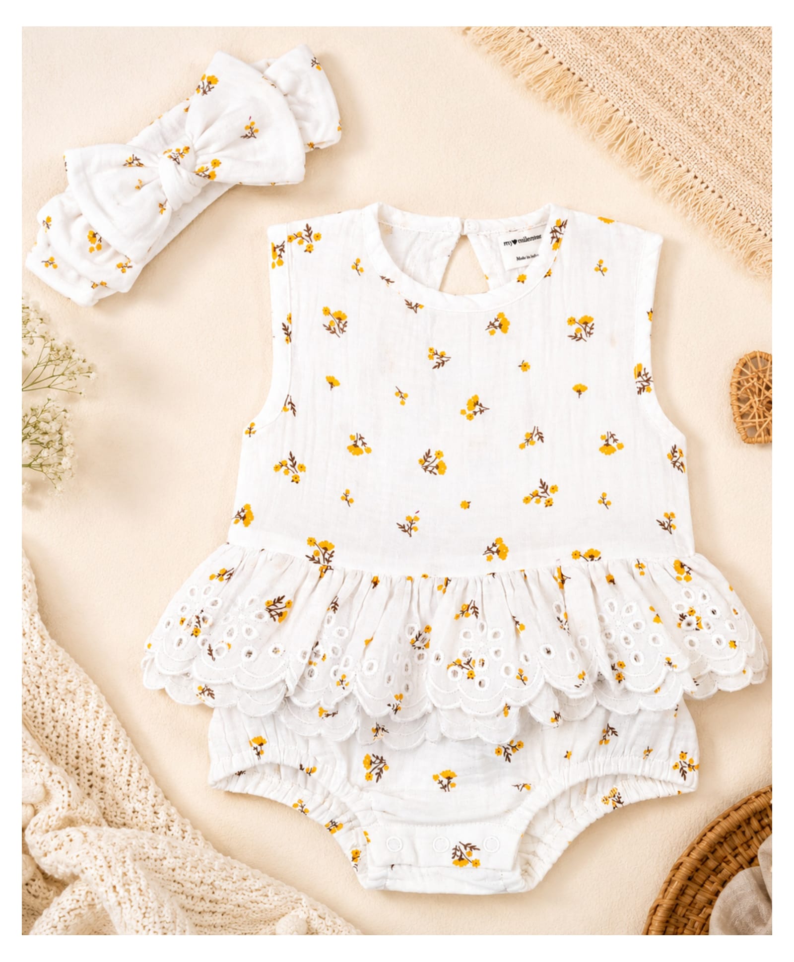 My Milestones 100% Cotton Woven Sleeveless Floral Printed Dress Style Onesie With Headband - White-image-38