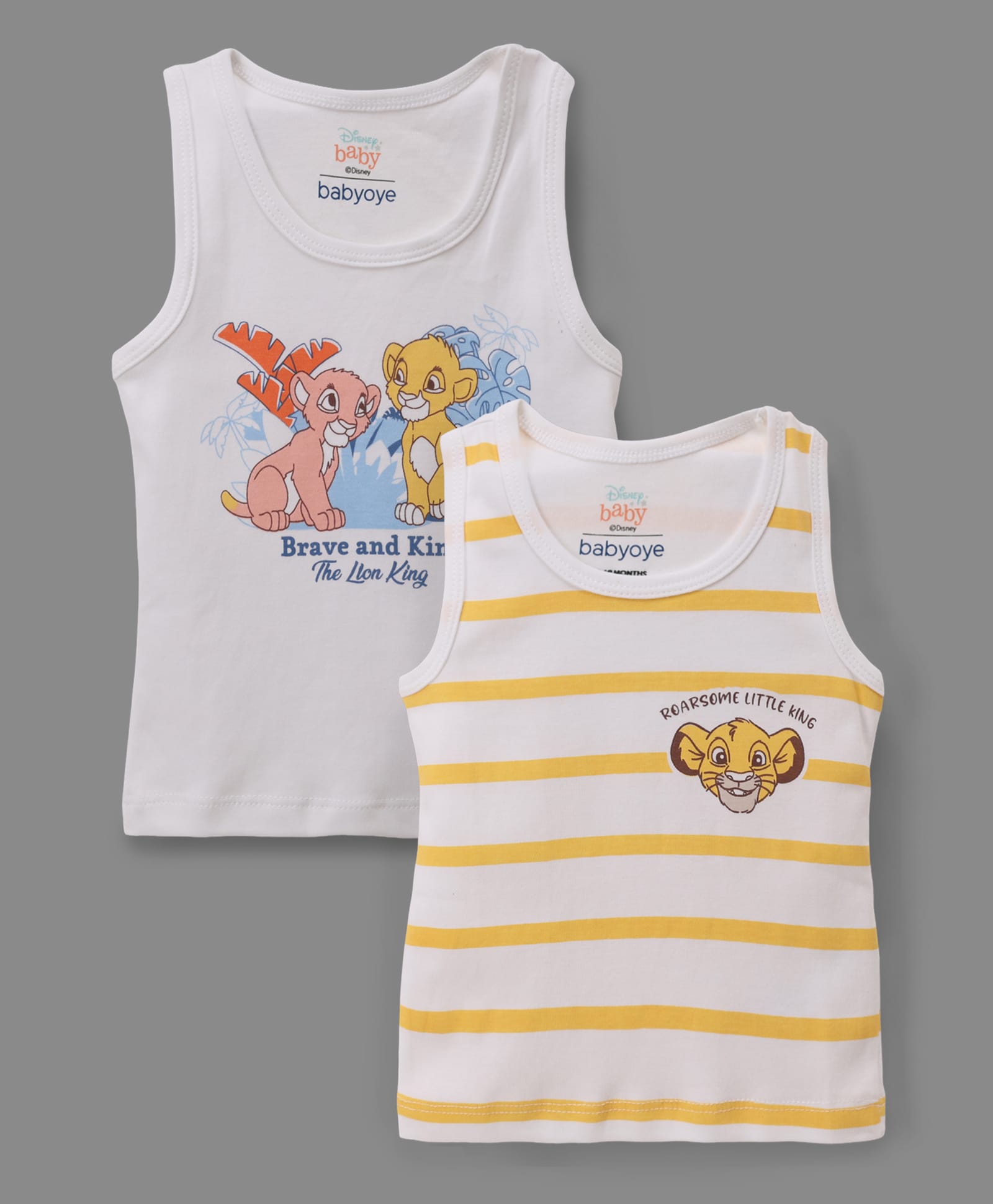Babyoye Disney Cotton Lycra Knit Sleeveless Vests With Lion King Graphic Pack of 2 - White & Yellow-picture-37
