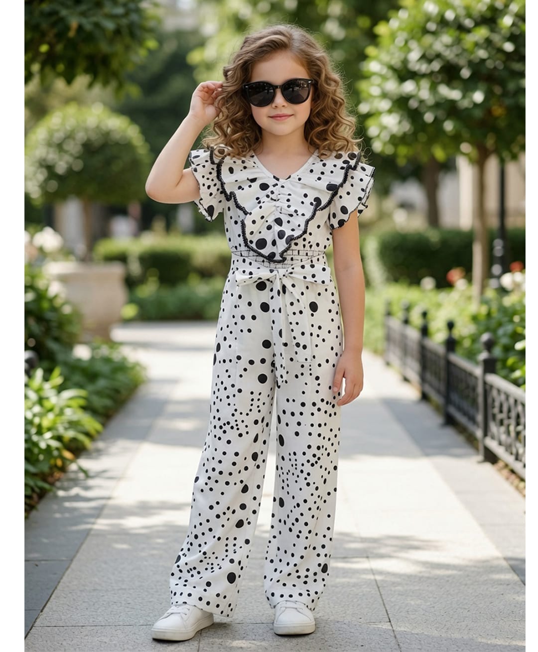 Cutiekins Woven Frill Sleeves Polka Dot Printed Jumpsuit - White & Black-image-7