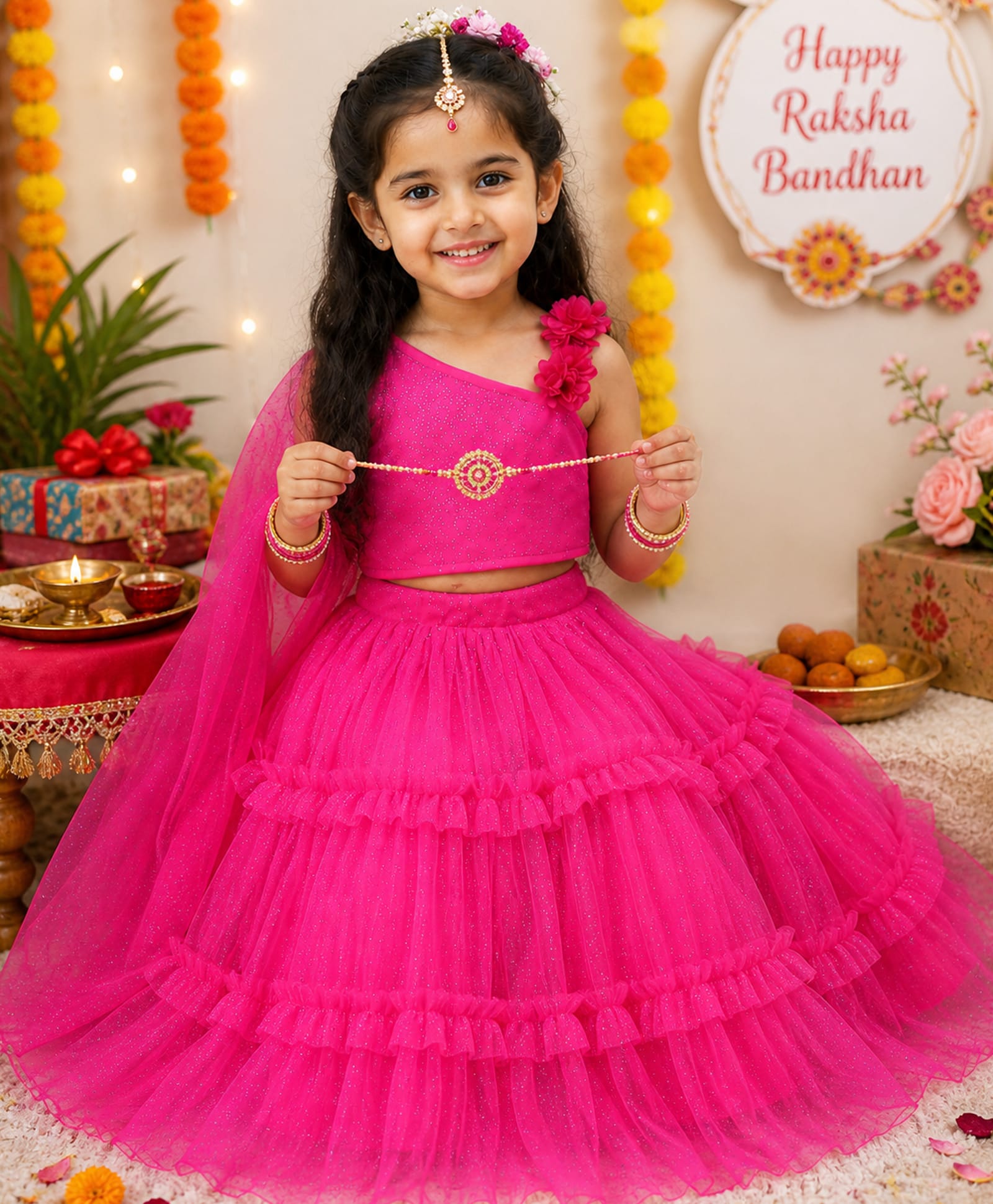 KIDSDEW Net Woven Sleeveless Glitter Embellished & Foral Applique Detailed Lehenga Choli Set - Fuchsia-image-46