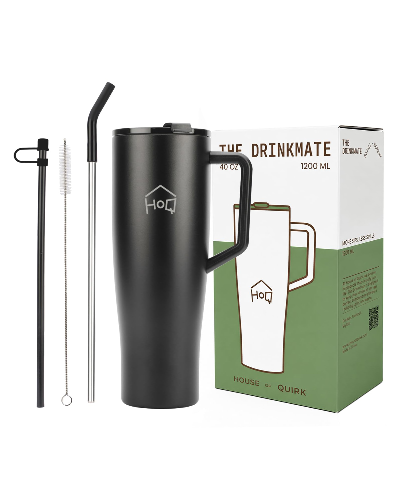 House of Quirk 1200ML Tumbler with Handle and 2 Straw Flip Lid Stainless Steel Large Water Bottle Gifts for Women Men Him Her - Black-picture-12
